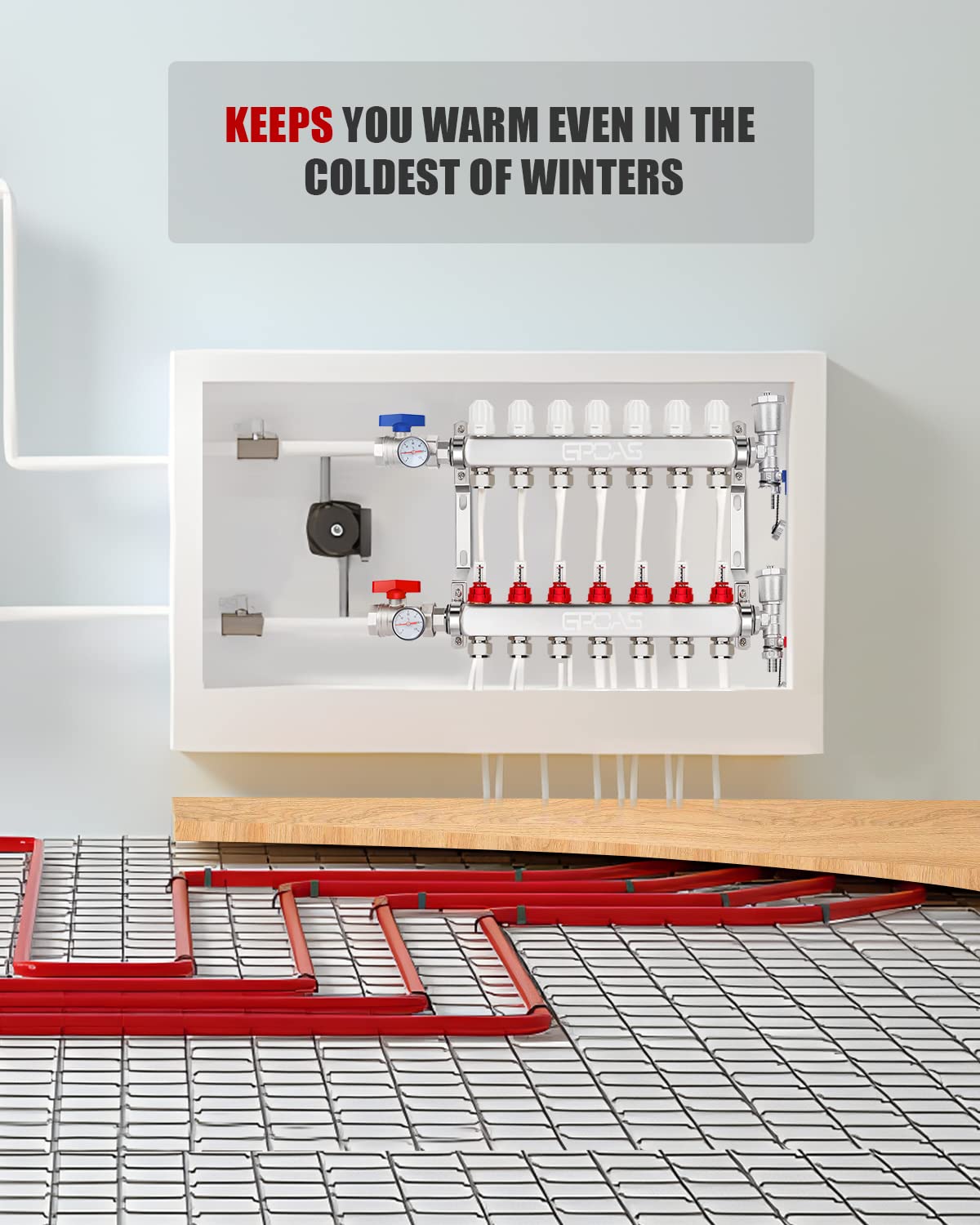7 Loop PEX Manifold Radiant Floor Heating Set 1/2" PEX Tubing Stainless Steel Set For Hydronic Radiant Floor Heating