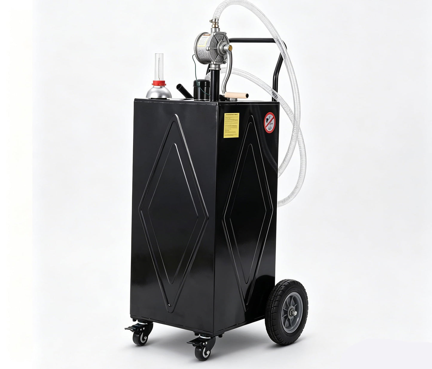 Garvee 30 Gallon Fuel Caddy with Manual Transfer Pump, Portable Gas Storage Tank on 4 Wheels, Gasoline & Diesel Fuel Storage Tank for Cars, Lawn Mowers, ATVs, Boats, More, Black