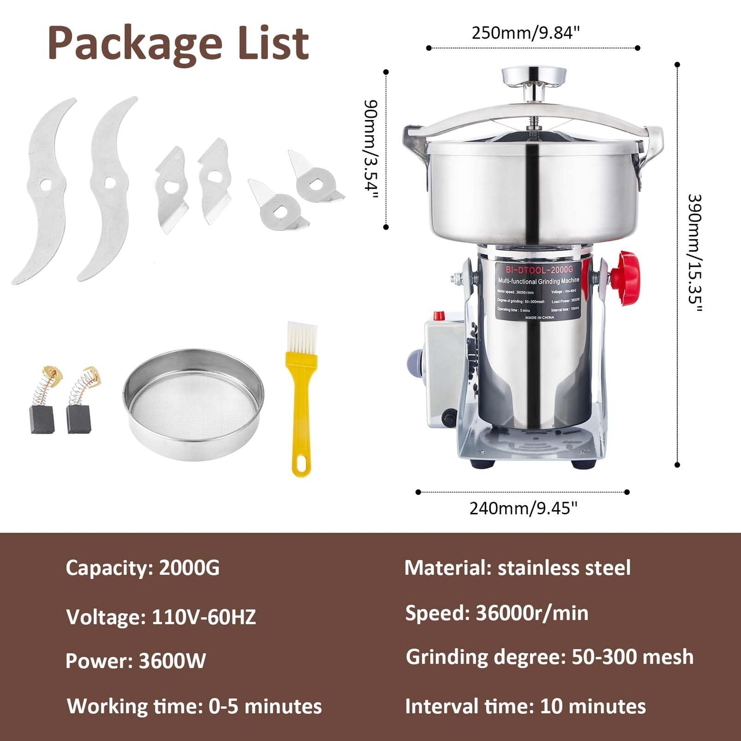 BI-DTOOL Electric Grain Mill Grinder 3600W Dry Material Grinding Machine 2000g Stainless Steel Pulverizer 36000r/min High-speed Grain Mill 270° swingable Superfine powder for Home and Commercial 2000g