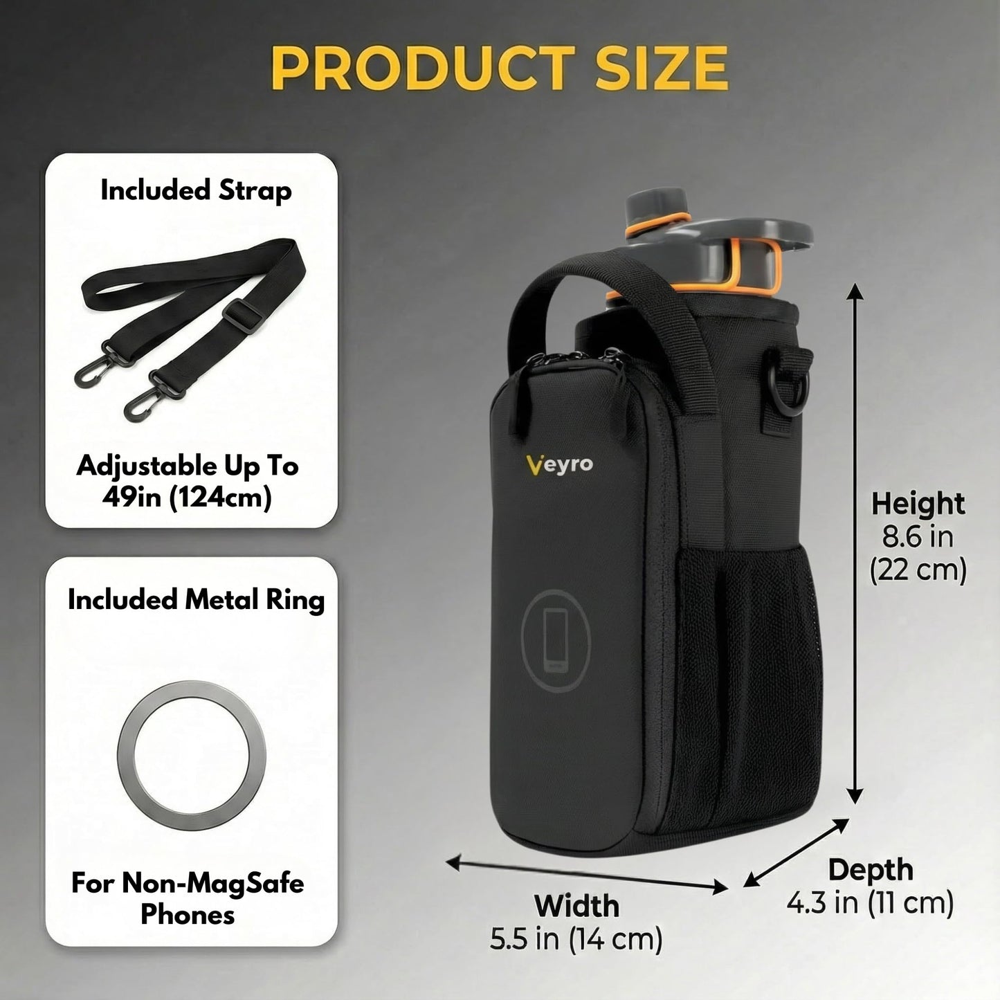 Veyro Magnetic Gym Bag with strong Magnetic Phone Holder - Gym water bottle bag holder for men and women - Compact Gym Crossbody Pouch - Compact Crossbody Pouch (Black)