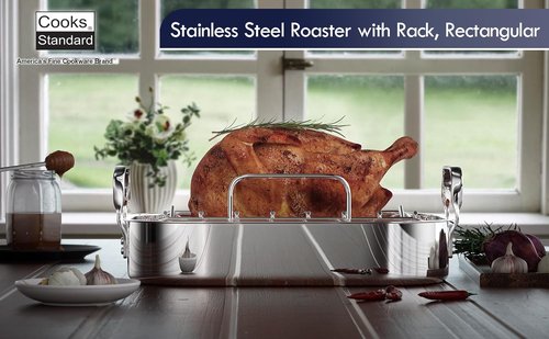 Cooks Standard Stainless Steel Roaster Pan - V-Shaped Rack for Perfect Turkey Roasting | 14"x11" Inner Size