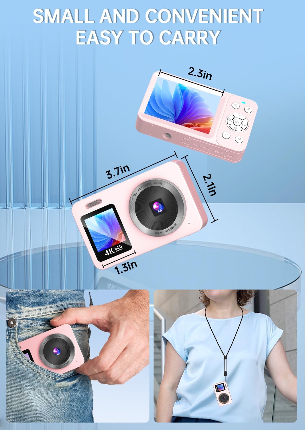 WABL 4K 64MP 18X 64GB 2 Pink Digital Camera, UHD Dual Screens Camera, Zoom, Portable Small Point and Shoot Digital