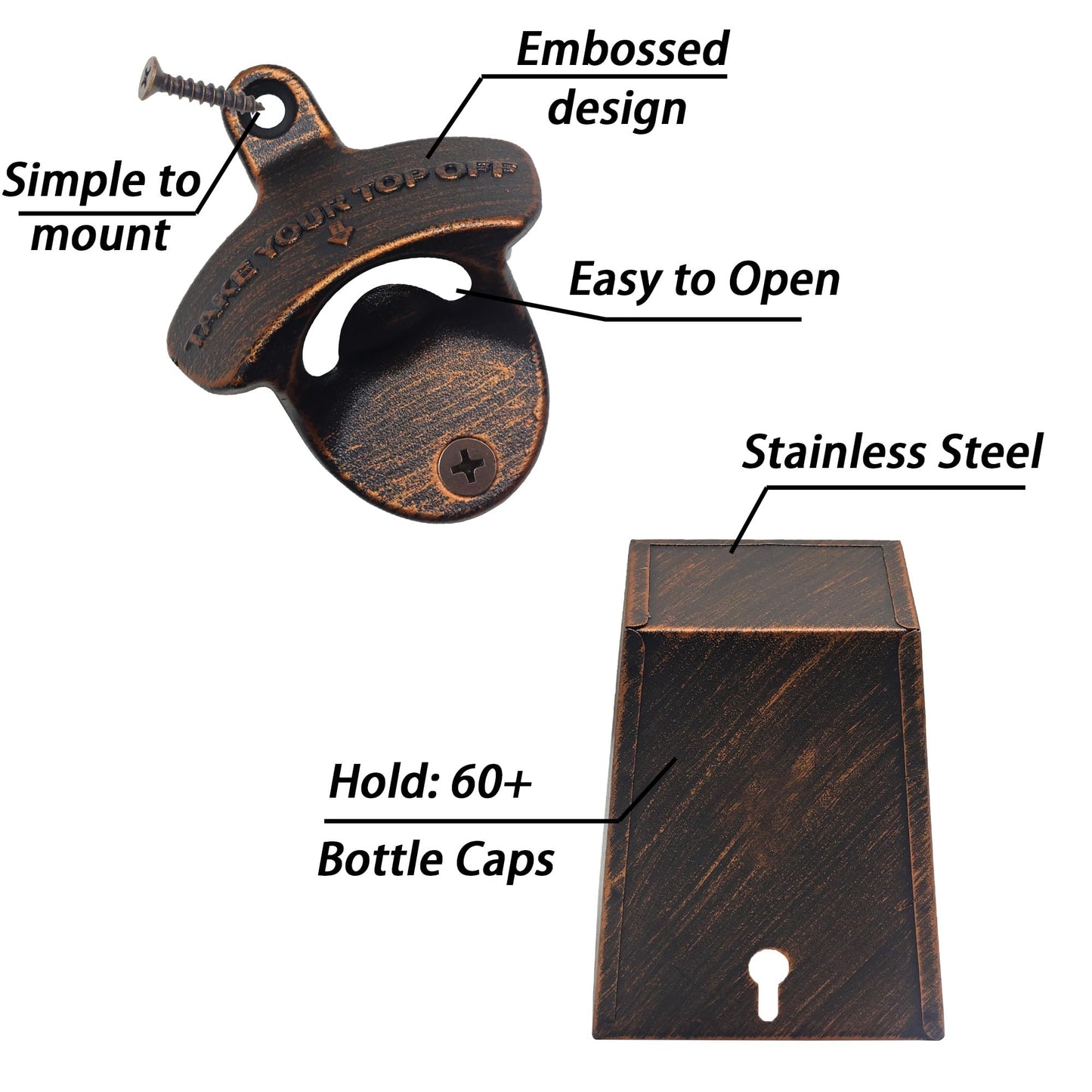 Jumiok Old Fashioned Wall Mount Beer Opener with Cap Catcher Rustproof, Antique Copper Mountable Soda Bottle Top Opener with Cap Bucket Post Mounted