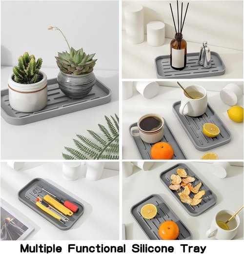 MicoYang Silicone Kitchen Sink Organizer Tray - Eco-Friendly Sponge Holder for Kitchen & Bathroom (Grey, 10"×5.3")