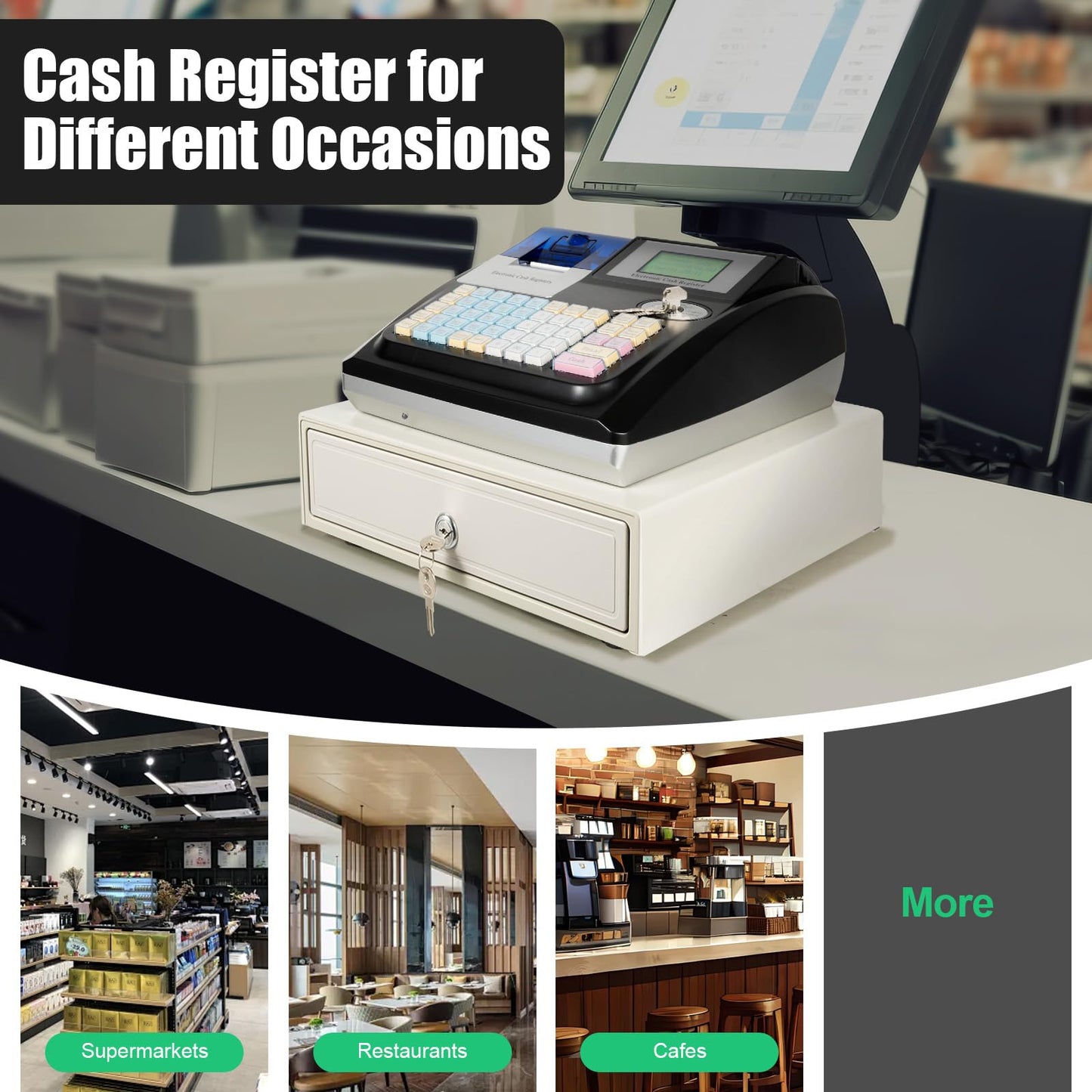 48-Key Electronic Cash Register System – Thermal Printer, Cash Drawer, LCD Displays – Secure Offline POS for Retail, Restaurant, Grocery Store, USB RS232 Connectivity (Black)