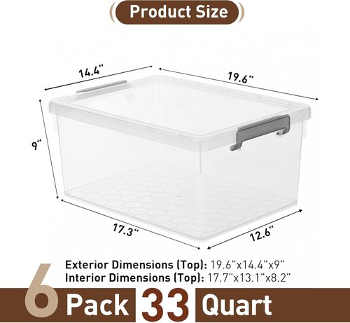 Citylife 33 QT Plastic Storage Bins - 6 Packs with Lids & Secure Latching Buckles | Clear Stackable Containers