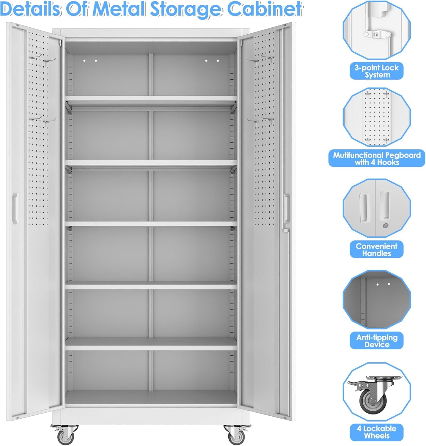 Reemoon 71" Tall Metal Garage Storage Cabinet with Wheels and Pegboard, Rolling Steel Cabinet with 5 Adjustable Shelves and Locking Doors for Garage Home Office Storage, White, Assembly Required