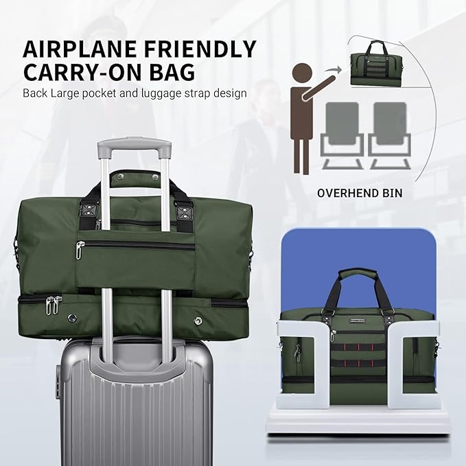 WITZMAN Travel Duffle Bags for Men Weekender Bags with Toiletry Bag Sets Carry On Overnight Bag 55L （B696 Army Green）