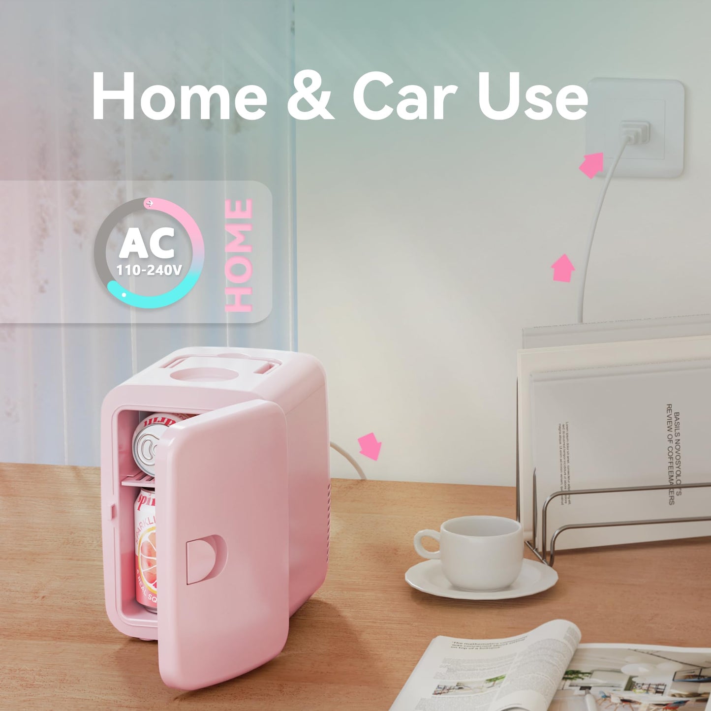 EUHOMY Mini Fridge, 4 Liter/6 Cans AC/DC Small Refrigerator for Skincare, Portable Cooler and Warmer for Skin Care, Cosmetics, Beverage, 4L Makeup Mini Fridge for Bedroom, Car, Office, Dorm, Pink