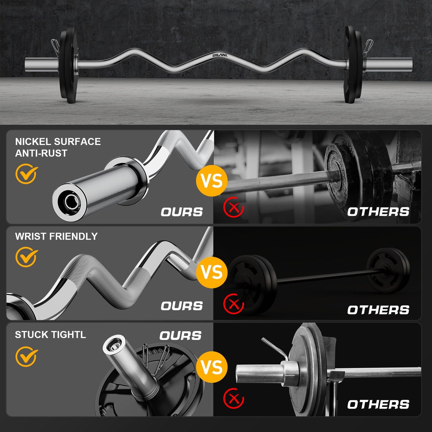 Olympic EZ Curl Barbell Bar, 47" Curl Bar for Weight Lifting, Home Gym Weight Bar- Strength Training,Squat,Hip Thrusts,Biceps, Chrome Curling for 2 Inch Plates -2 Spring Collars
