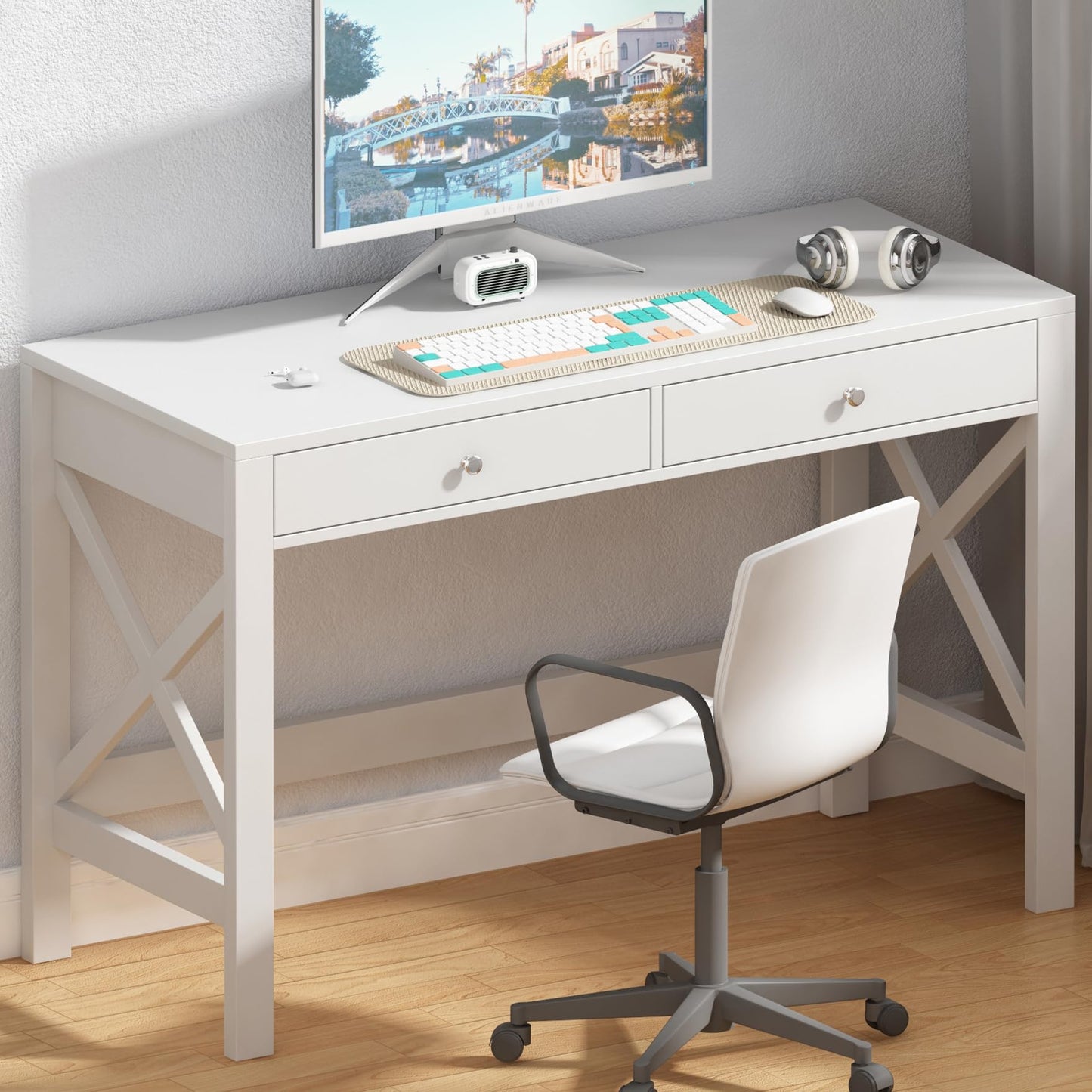 ChooChoo Computer Desk Study for Home Office, Modern Simple 40 Inches Desk with Drawers, Makeup Vanity Console Table, White