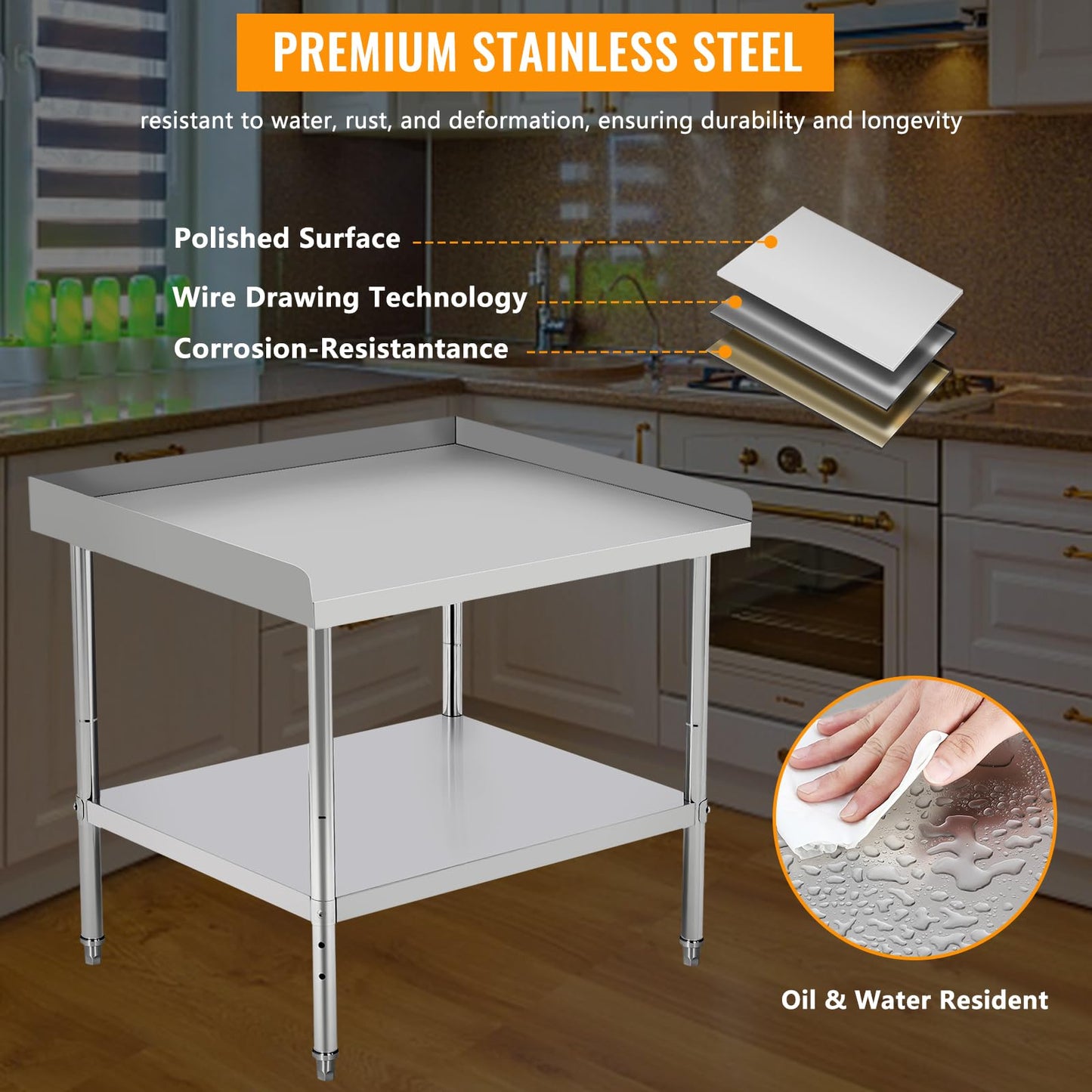 36"x28"x30" Stainless Steel Grill Stand Table, NSF Certified, 400 lbs Capacity, Adjustable Legs, 3-Sided 2" Edge Baffle for Kitchen, Restaurant, Hotel