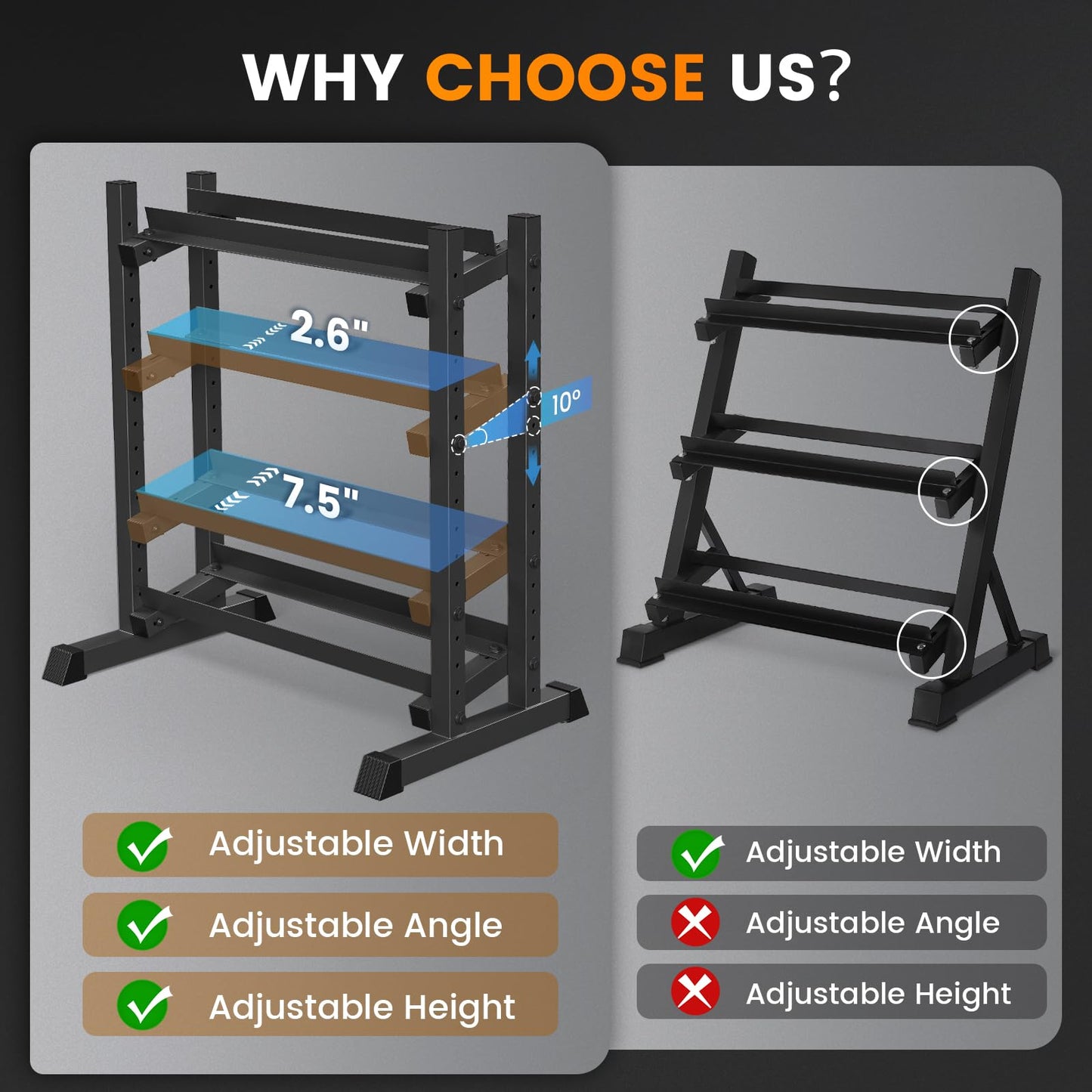 TOPIRON 3-Tier Dumbbell Rack, 1100LBS Capacity Adjustable Weight Rack, Heavy-Duty Weight Stand for Dumbells & Kettlebells, Compact Weight Storage Organizer for Home Gym (Rack Only)