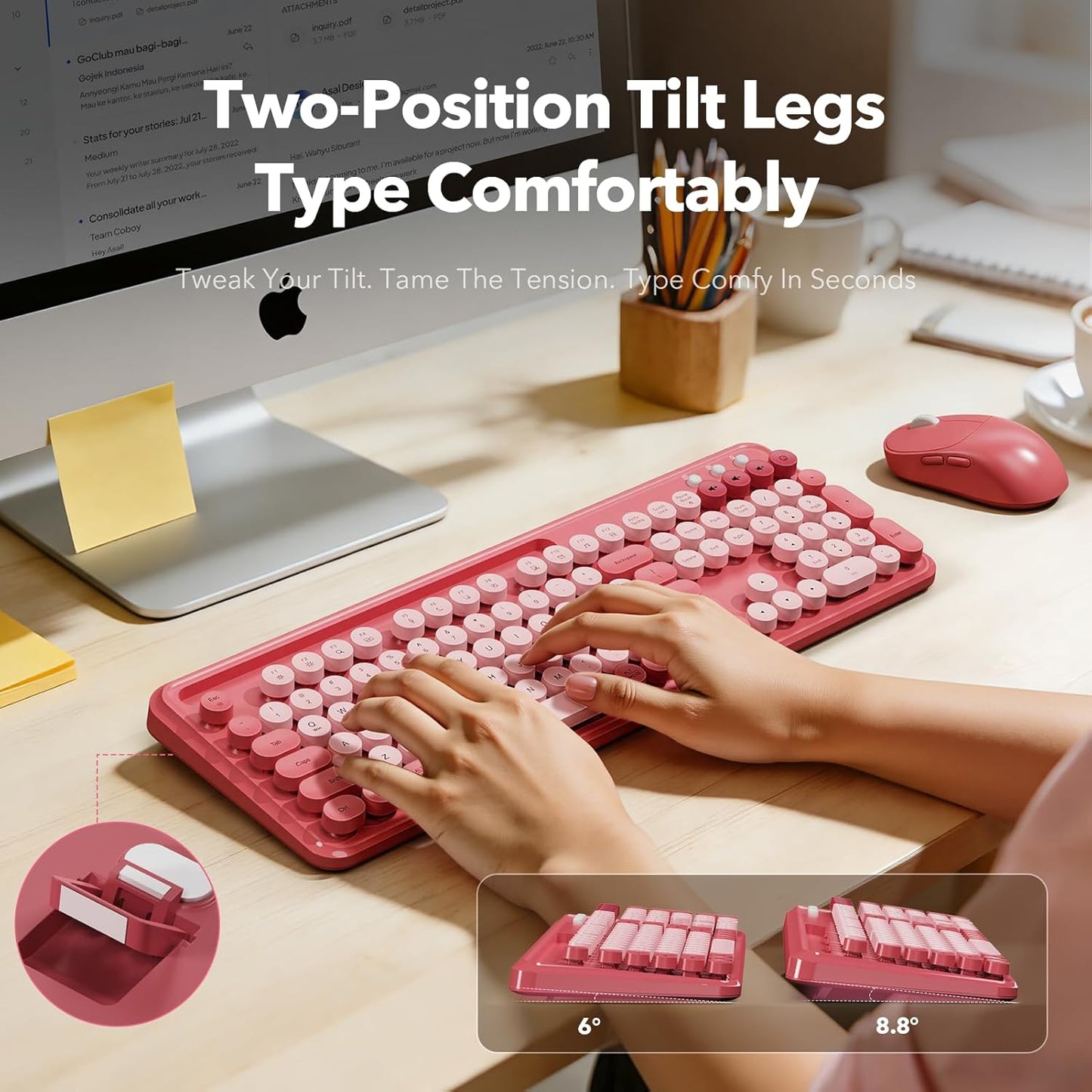 Trueque 3-Level 2.4GHz CK13, Wireless Keyboard and Mouse Combo, Cute Full-Size Typewriter-Style Keyboard, Retro Round