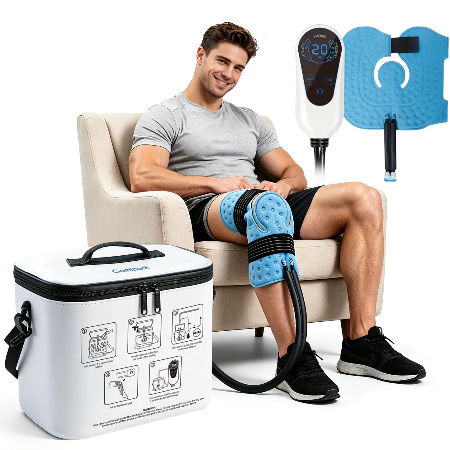 Comfpack Cold Therapy Machine, Portable Ice Machine for Knee After Surgery with Programmable Timer and Quiet Pump, Cold Water Circulation System for ACL Rotator Cuff, Shoulder and Hip Surgery Recovery