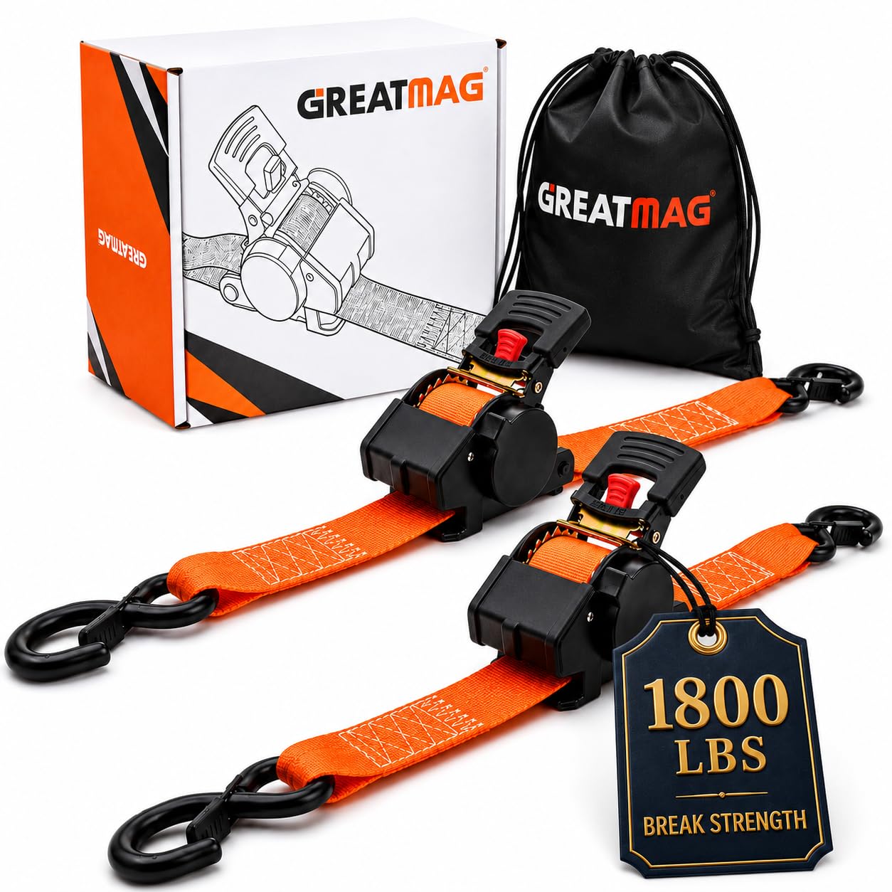 Auto Retractable Ratchet Straps 1800 lbs, 1in × 10ft Self-Retracting Tie Down Straps with Zinc S-Hooks, Heavy Duty Cargo Tie Downs for Trucks, Trailers & Roof Racks, 2 Pack, Orange, Damped Rewind