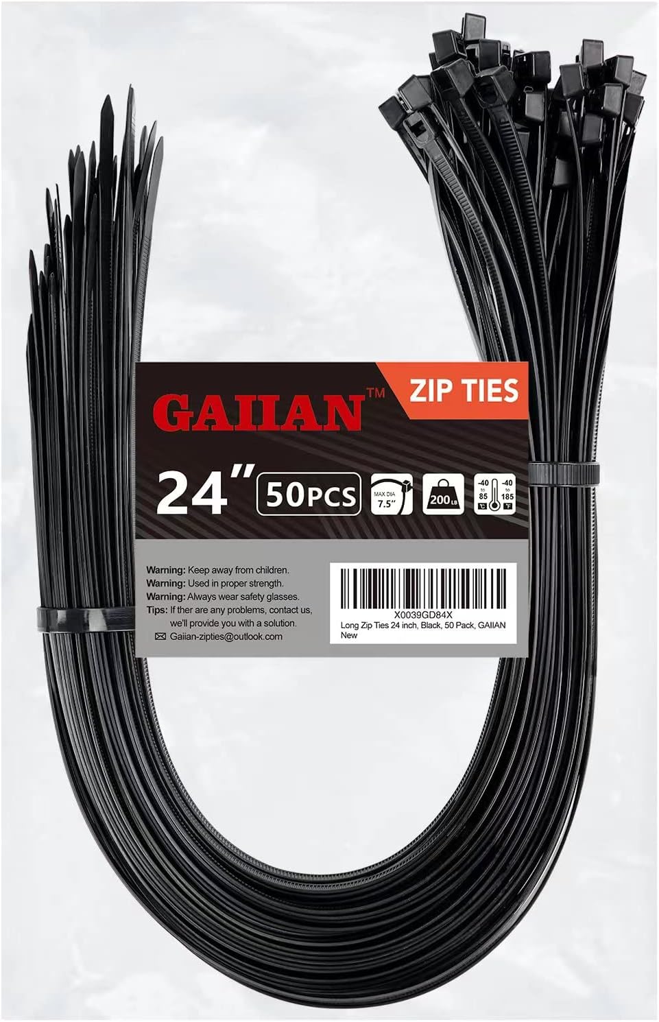 GAIIAN 24 inch, 200 lbs 50 Pack, Long Zip Ties Heavy Duty Large Zip Ties with Tensile Strength, Big Cable Ties, Black