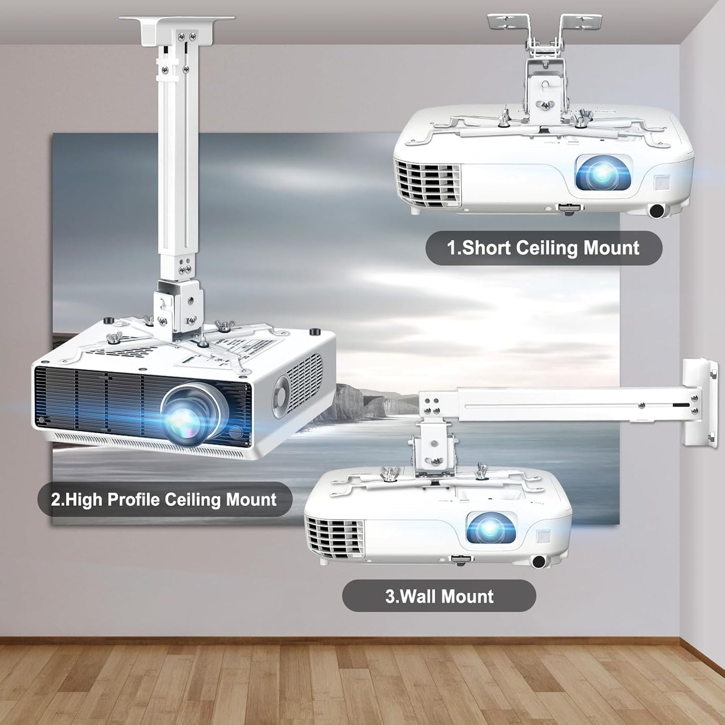 2-Be-Best 3-in-1 Projector Ceiling Mount Wide Pipe Universal Projector Wall Mount Bracket with Adjustable Arm, Flush
