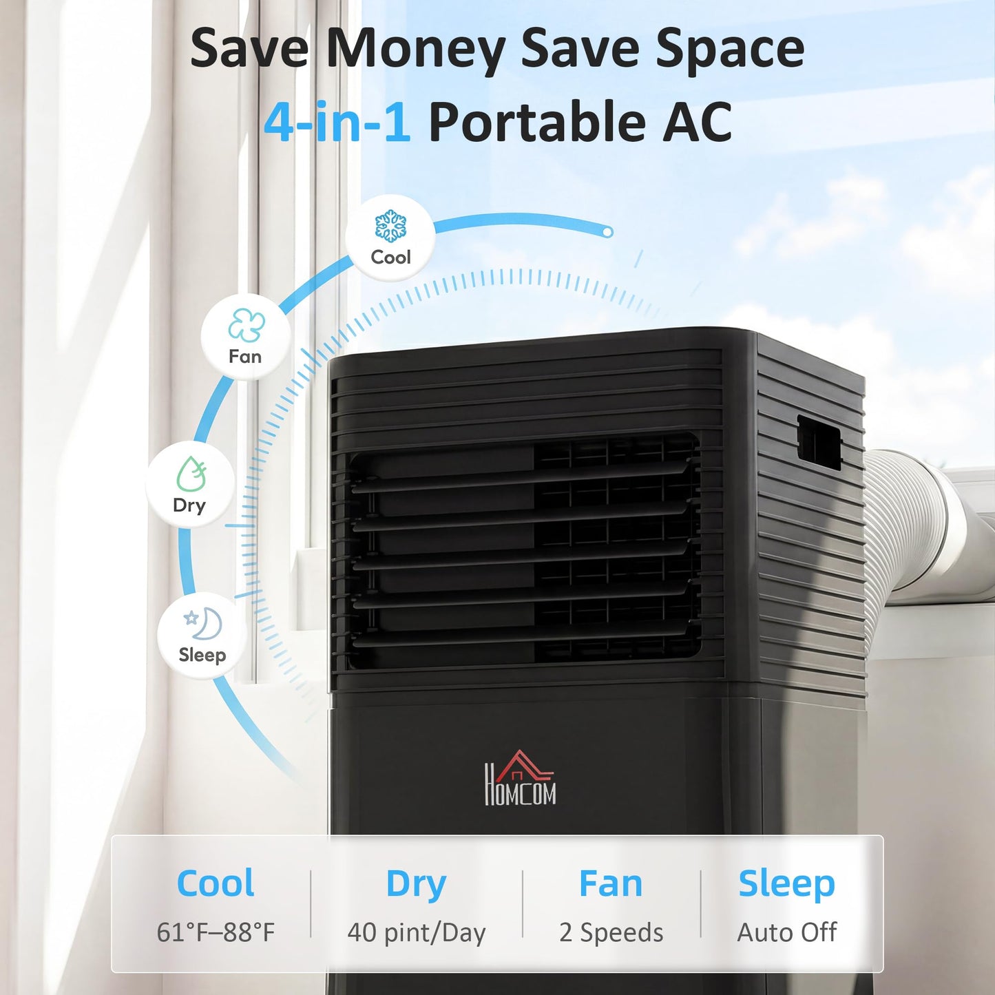HOMCOM 10000 BTU Portable Air Conditioner for Rooms up to 441 Sq.Ft., 4-in-1 Mobile AC Unit with Dehumidifier, Cooling Fan, Sleep, Remote, 24H Timer, Auto Off, Window Installation Kit, Black