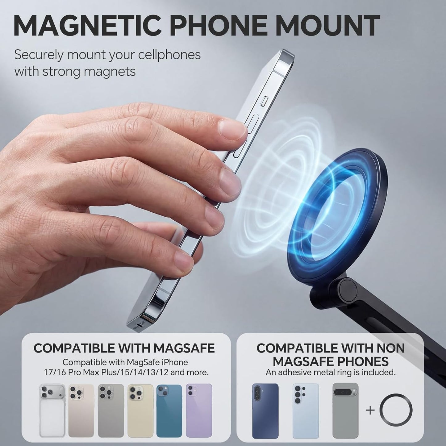 DAUEULITE 17/16/15, PM-10 Magnetic Metal Phone Mount with Cold Shoe Mount, Adjustable Rotatable Phone Tripod Holder