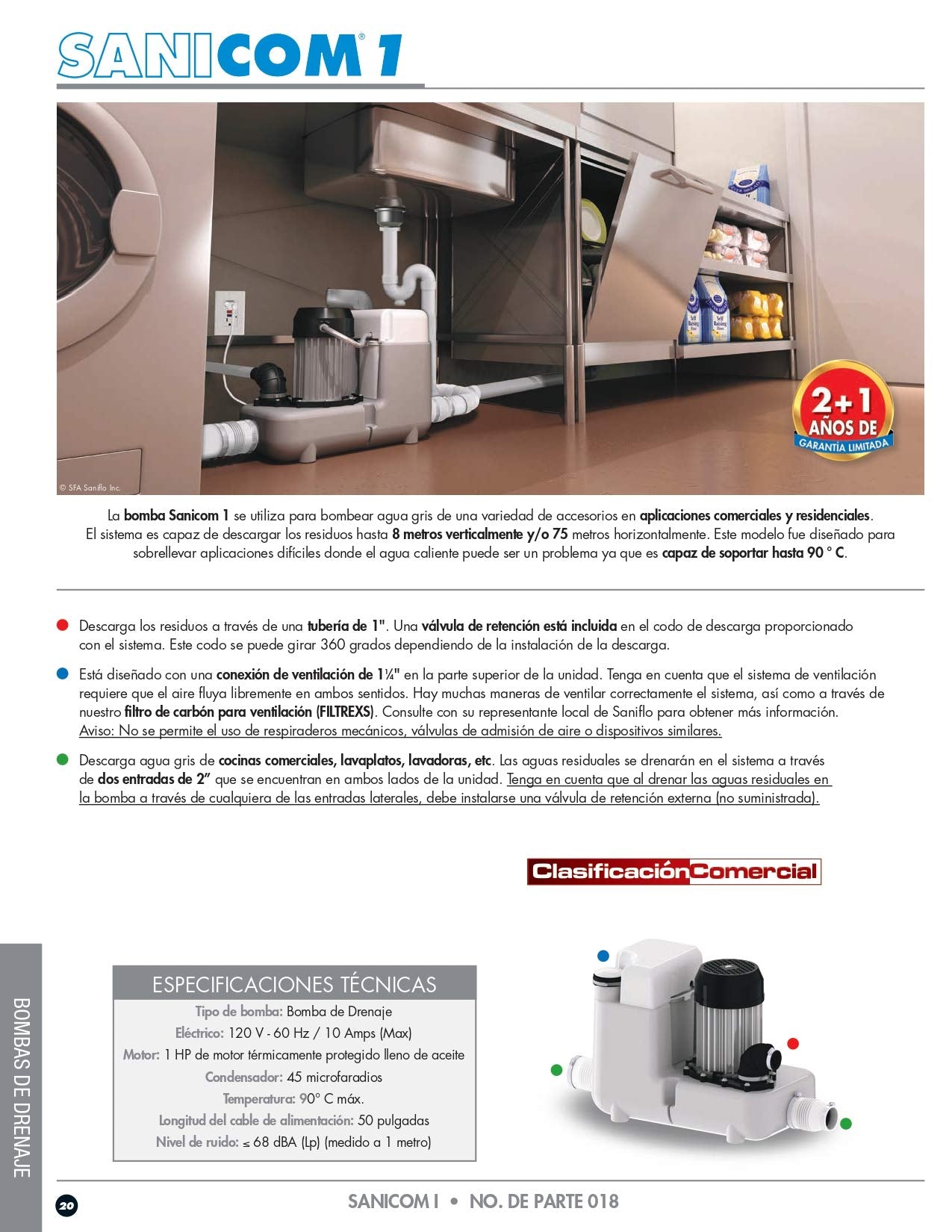 SFA SANIFLO - Sanicom 1 - Heavy-Duty Gray Water Drain Pump - High-Temperature Commercial Solution - Robust & Efficient Design - Certified CSA (IPC, NSPC), IAPMO (UPC) - Made In France