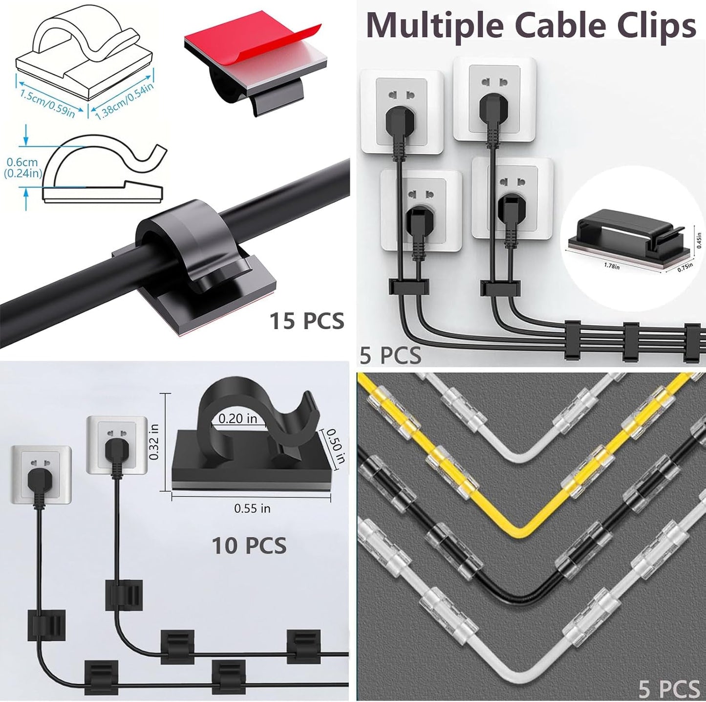 ELII 328Pcs 8 Holder,69Adhesive Clips,4 Split,22Reusable Strap,200 25 Cable Management Kit, Magnetic Cable Cable Cable
