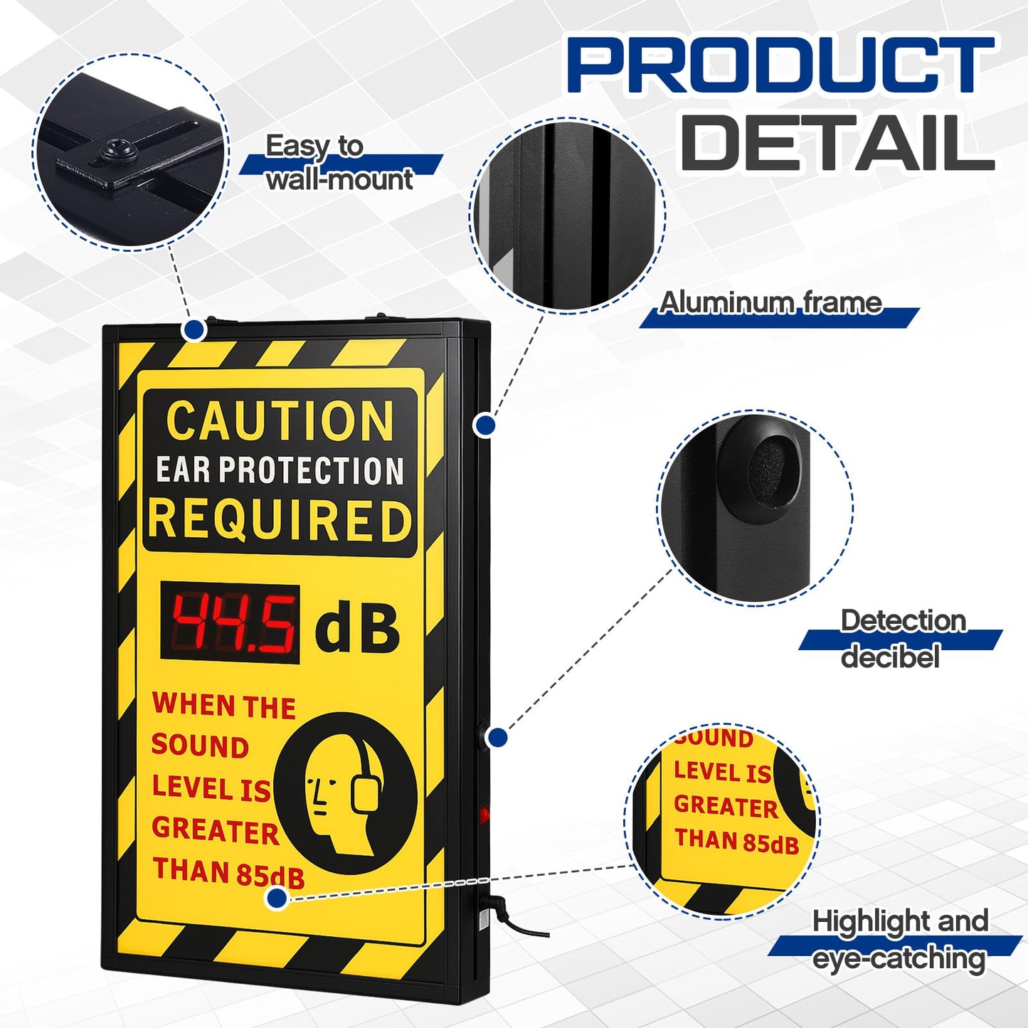 Relaxweex 12" x 20" Sound Decibel Meter Digital Sign, OSHA Caution Header " Ear Protection Required" Sign, Wall Mount, Digital Real-time Aluminum Db Meter