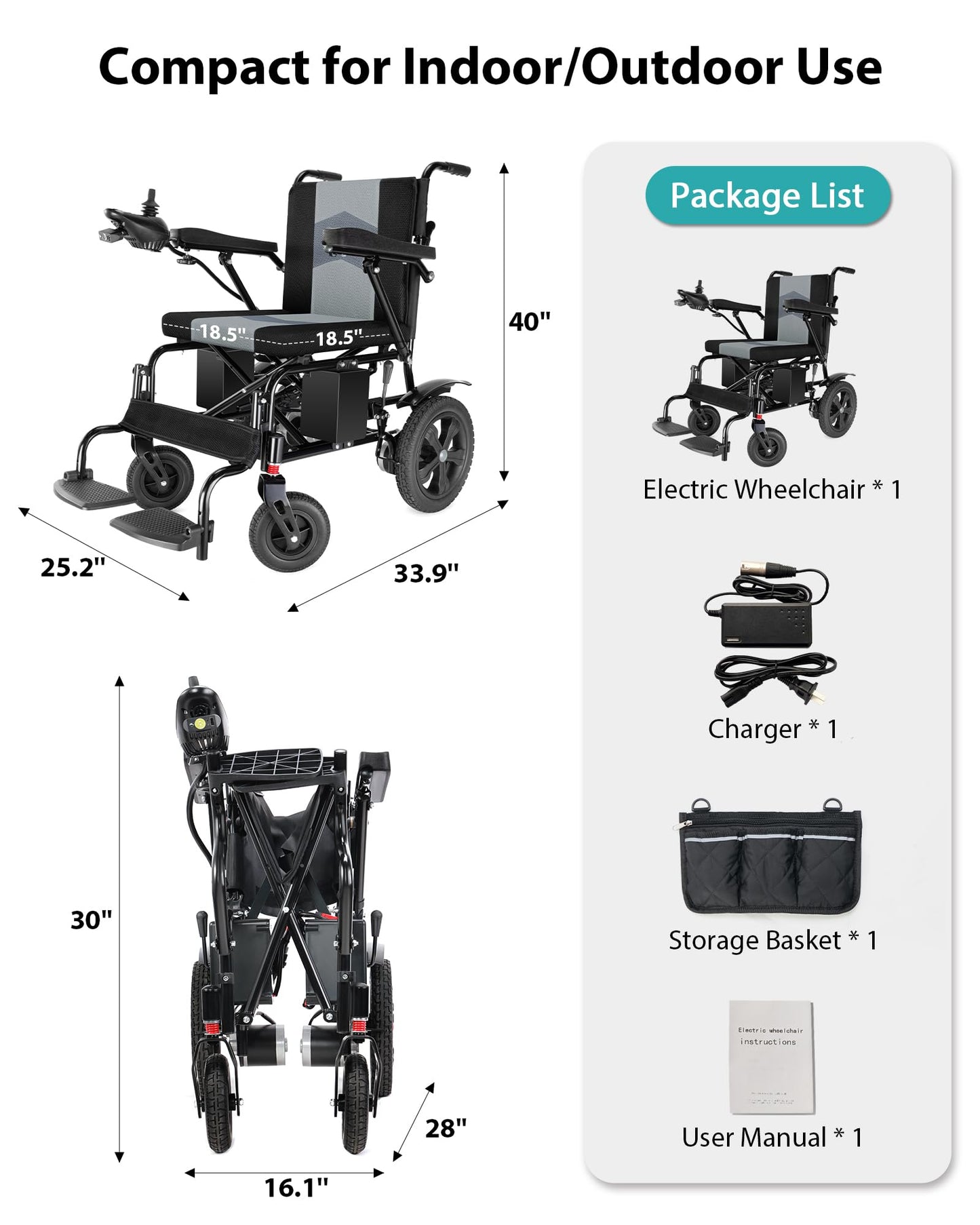 19'' Wider Electric Wheelchairs for Adults - 15 Miles Travel Range & Support 330 lb, Lightweight Foldable Motorized Wheelchair with Large Tire, 360W All Terrain Power Wheelchair for Home/Outdoor