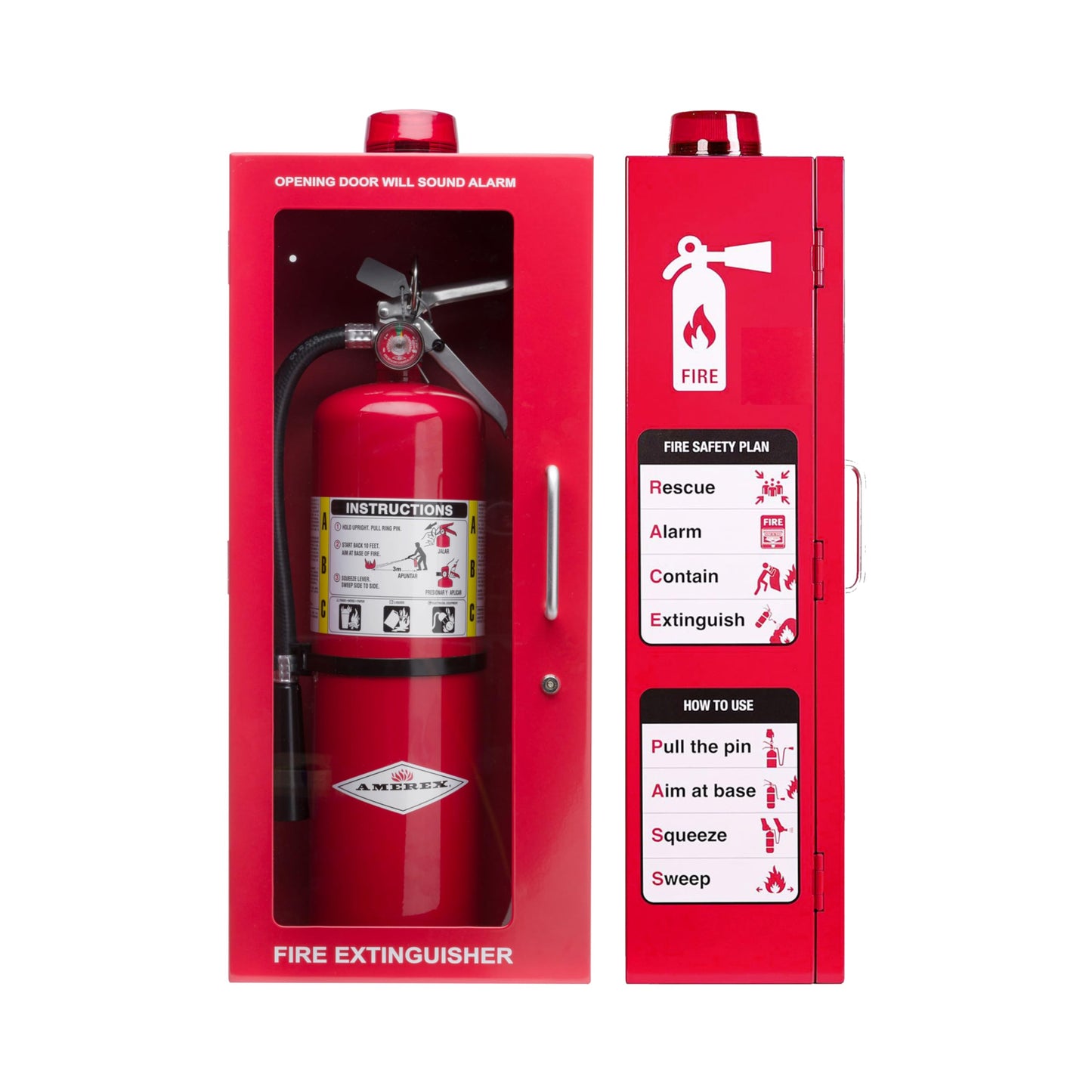 10 lb Fire Extinguisher Cabinet with Alarm, Lock, & Breakable Acrylic Window | Wall or Surface Mount | Fits 5 lb and 10 lb Extinguishers | Fire Safety Instructions Included (10 lb) (Red)