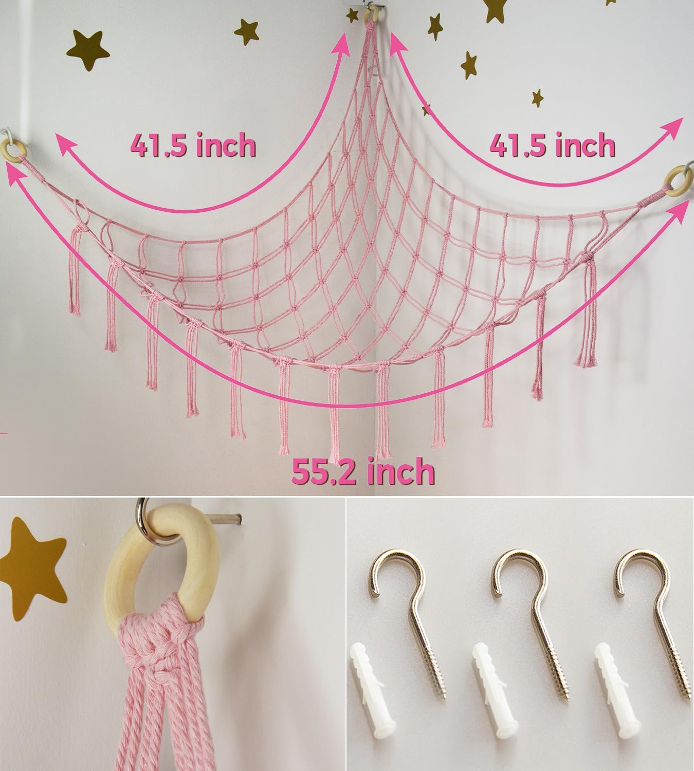 Skiennix Stuffed Animal Storage Hammock - Pink Corner Net Organizer for Teen Girls' Room Decor