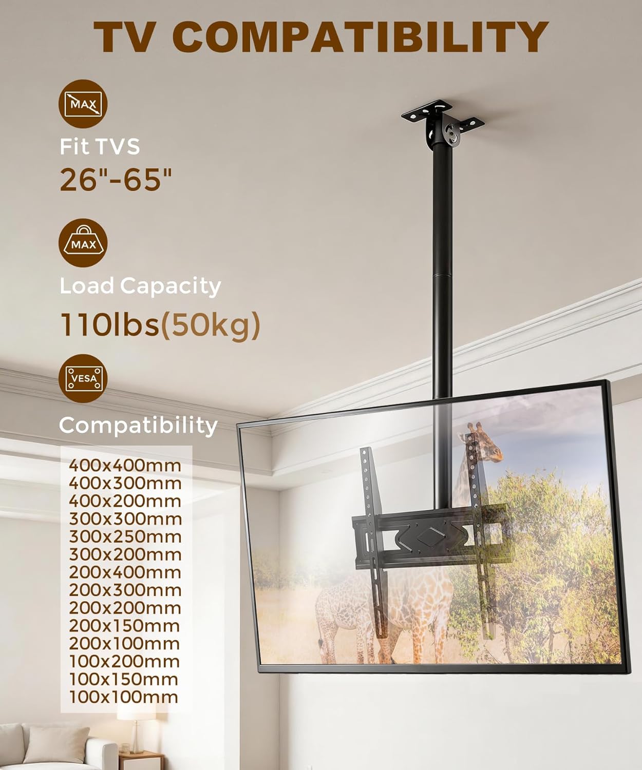 Solid As Mountain 39 26-65 Inch 4K 400x400mm, 110lbs Ceiling TV Mount for LCD LED OLED TVs, Heavy Duty Hanging TV