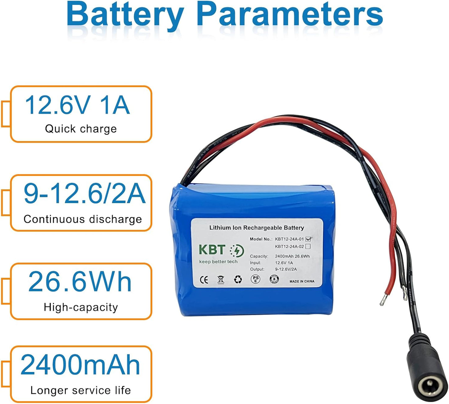 KBT KEEP BETTER TECH 12V 2400mAh Pack 12V KBT Rechargeable Li-ion Battery, Bare Leads Wire Replacement Battery
