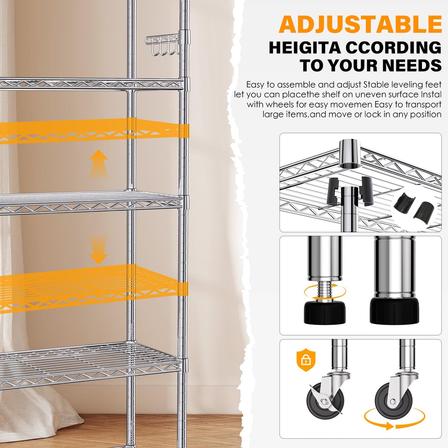 YNN Storage Shelves,6000Lbs 6 Tier Heavy Duty Metal Rolling Shelving Unit with Wheels & 8 Hooks, Adjustable Garage Wire Rack for Kitchen, Bathroom,Industrial,Pantry(36" W x 14" D x 72" H, Chrome)