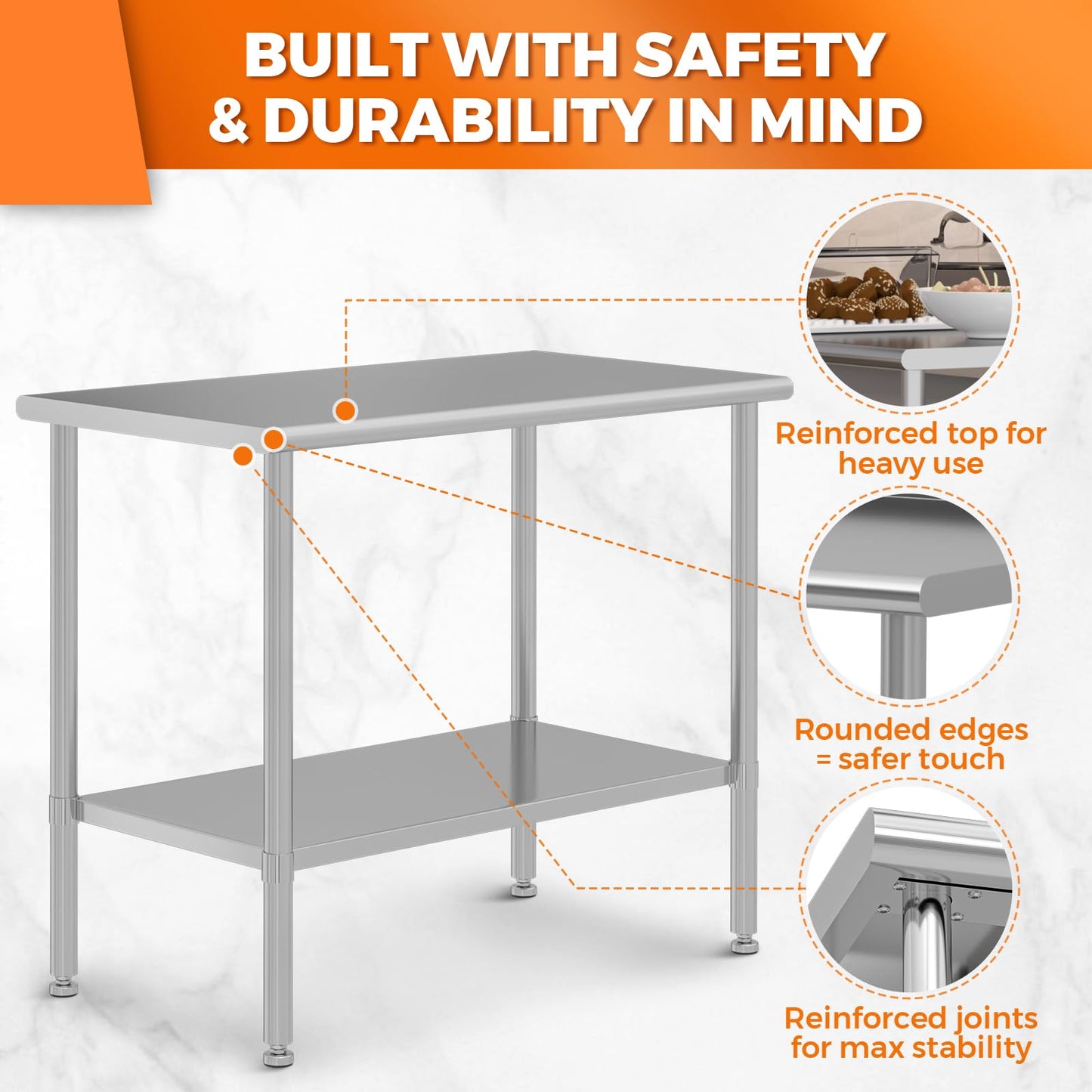 HOCCOT All Stainless Steel Work Table, Heavy Duty Prep Table 24x48 Inch with Stainless Steel Undershelf & Replaceable Feet(Without Casters) Commercial Workstation for Restaurant Kitchen Garage Outdoor