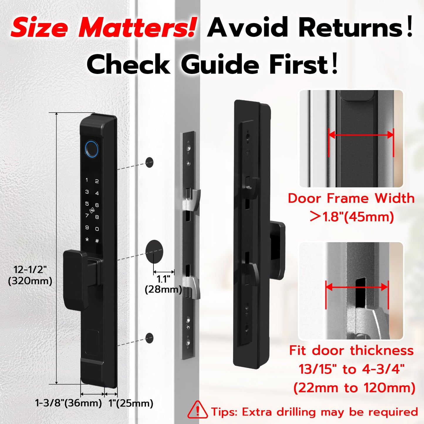 Sliding Glass Door Lock, Dhiedas Sliding Door Smart Lock with Fingerprint RFID Keypad Bluetooth App Electronic Digital Biometric Safety Patio Door Double Hook Slim Mortise Lock Set with Handle