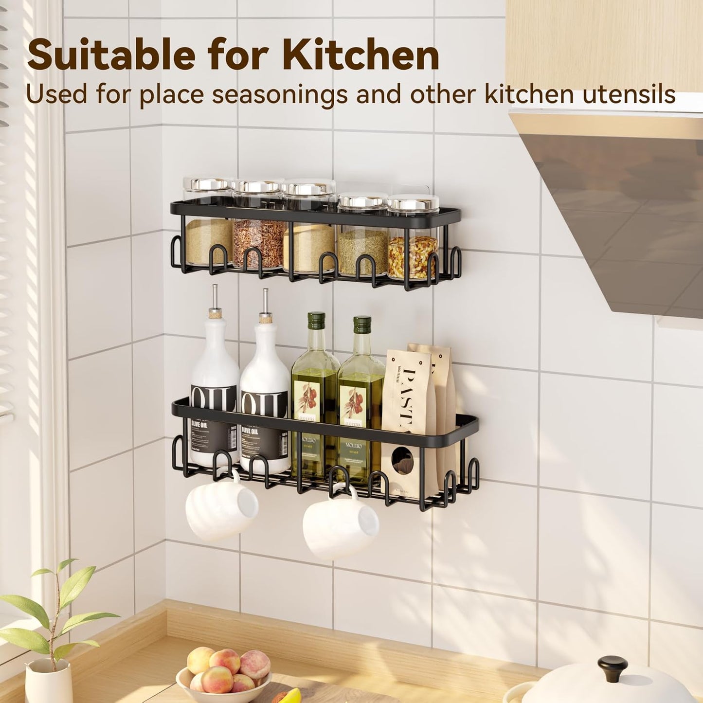 YASONIC Adhesive Shower Caddy - Rustproof 2-Pack Black Shower Shelves with Soap & Toothbrush Holder