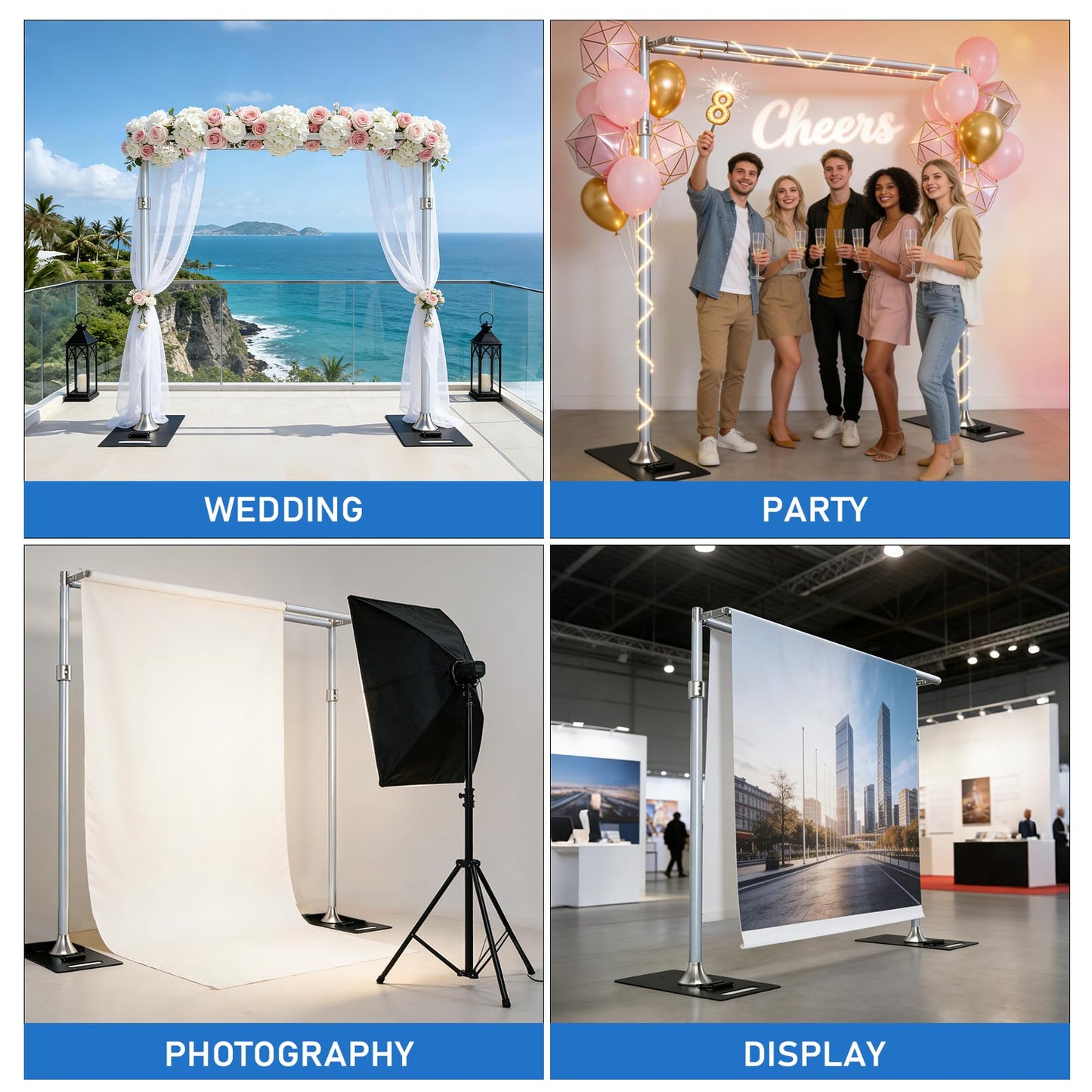 ALTSON Photo Backdrop Stand Heavy Duty 9.2x9.2Ft, Double Crossbar Pipe and Drape Stand Kit, Adjustable Metal Frame Background Stand with Flat Base for Wedding Party Birthday Photography Decoration