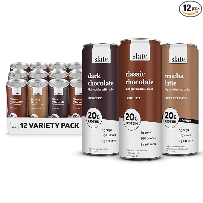 Slate Milk - High Protein Milk Shake - Chocolate Variety Pack - Chocolate, Dark Chocolate, Mocha Latte - Lactose Free, 20g Protein, 1g Sugar, 100-110 Calories, 1-3g Net Carbs - 11 fl oz, 12 Cans