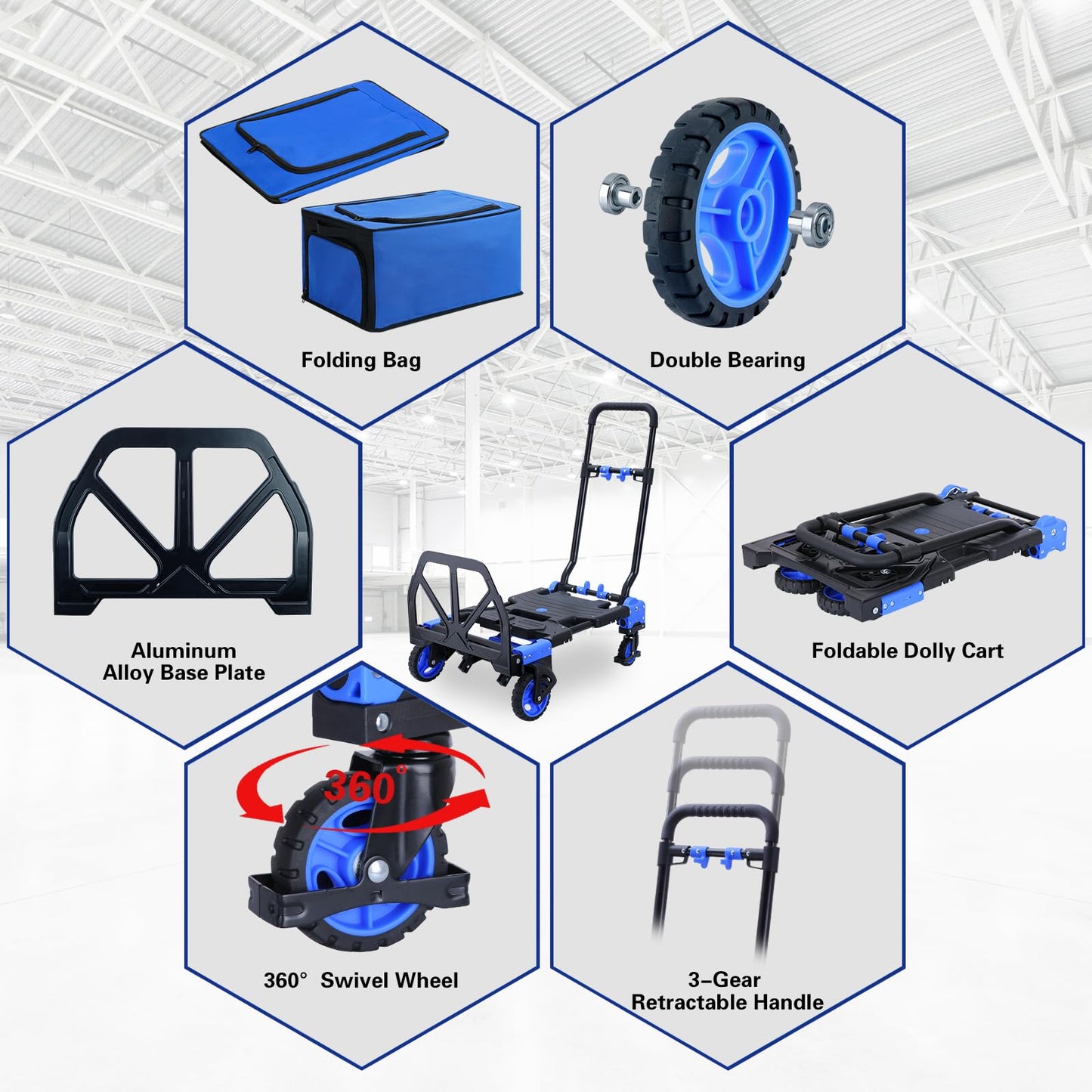 2-1 Folding Hand Truck Dolly,330LBS Capacity Dolly Cart,Foldable Dolly Hand Truck with Retractable Handle and 4 Rubber Wheels,Hand Cart Foldable for Luggage/Travel/Office/Moving