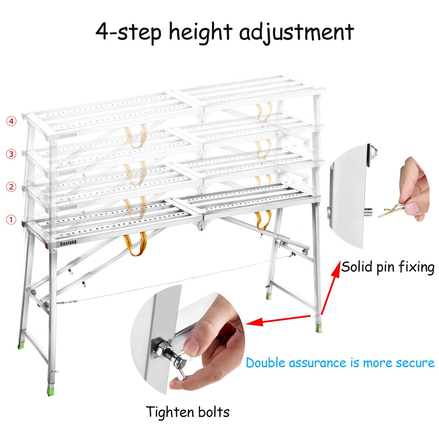 Daxiang Portable Scaffolding Platform 55(L) x15(W) x27-43(H)'' Work Platform Adjustable Height Steel 600 LBS Load Capacity Folding Step Ladder Drywall Painting Stool