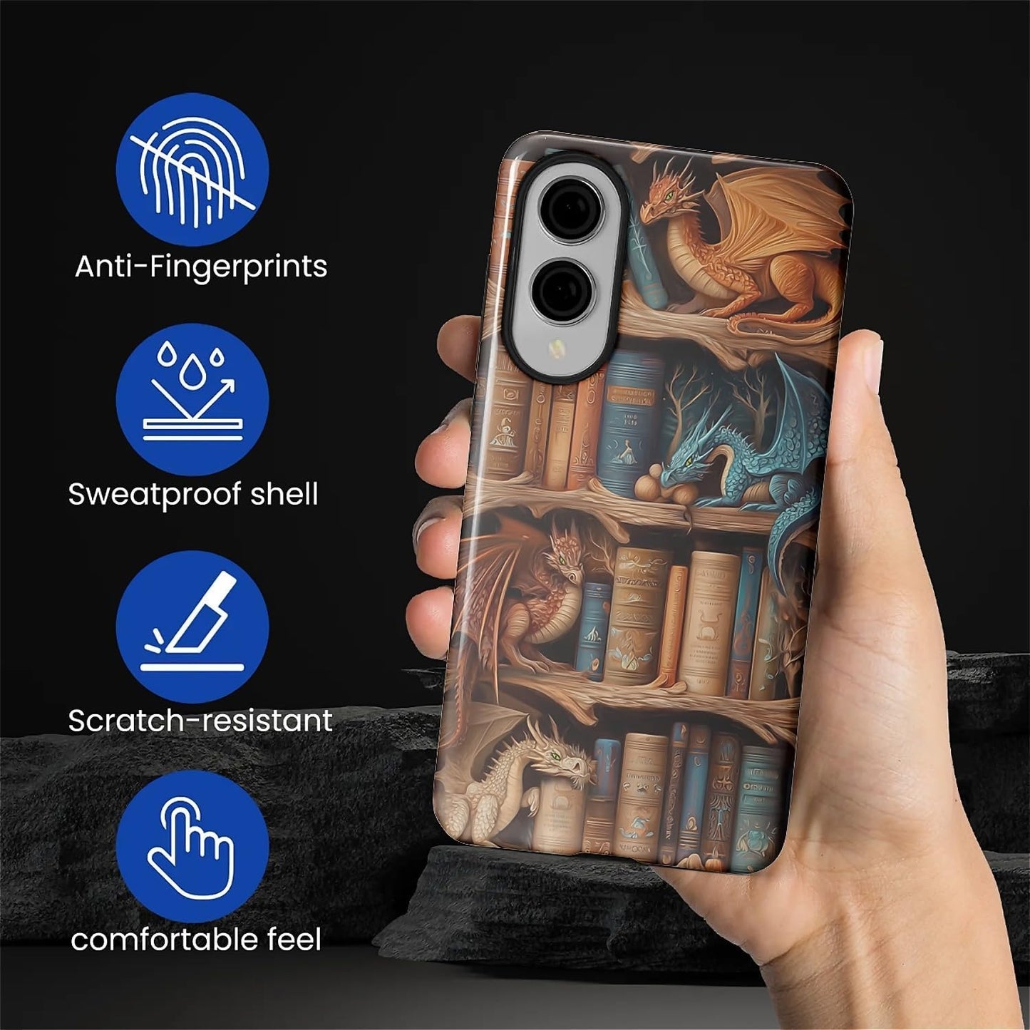 CARLOCA S25 Case for Samsung Galaxy Edge,Bookish Dragon Bookshelf Design- Hybrid Dual Protection Soft TPU + Hard PC