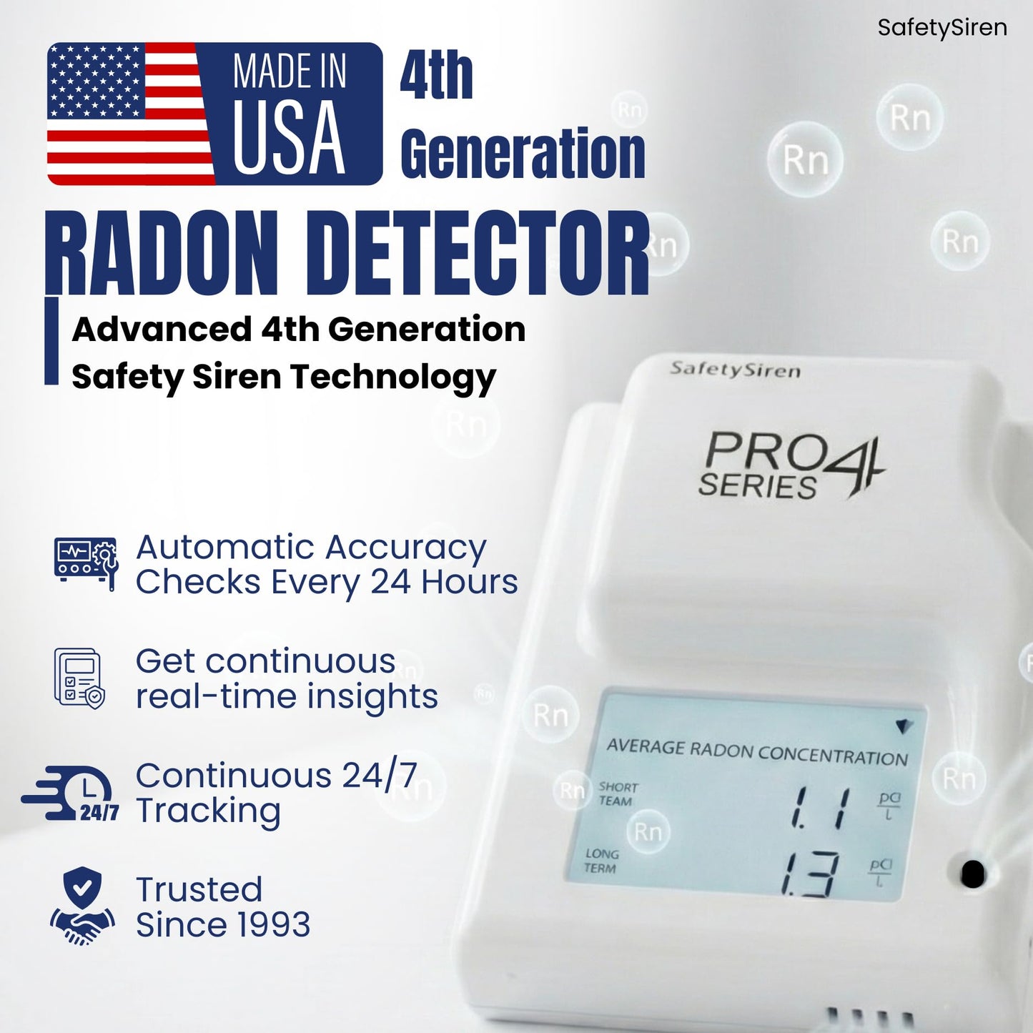 Safety Siren Pro4 Home Radon Gas Detector, Continuous Monitoring for Indoor Use with LED Indicators and Long-Term Radon Tracking, Real-Time Alerts, Digital Display and Alarm Function - 2 Pack