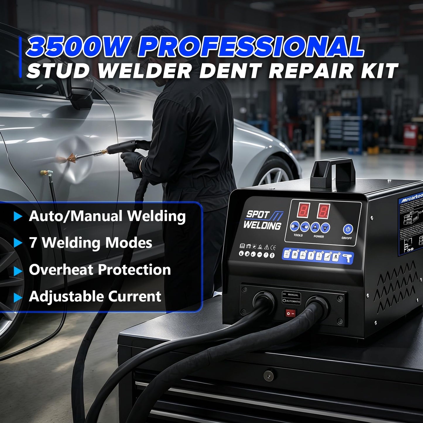 MR CARTOOL Stud Welder Dent Repair Kit 3.5KW Dent Puller Spot Welder with 6 Welding Modes, 95℃ Overheat Protection, Manual/Auto 4200A Body Repair Dent Remover Tools for Car Motorcycle Truck(90F)