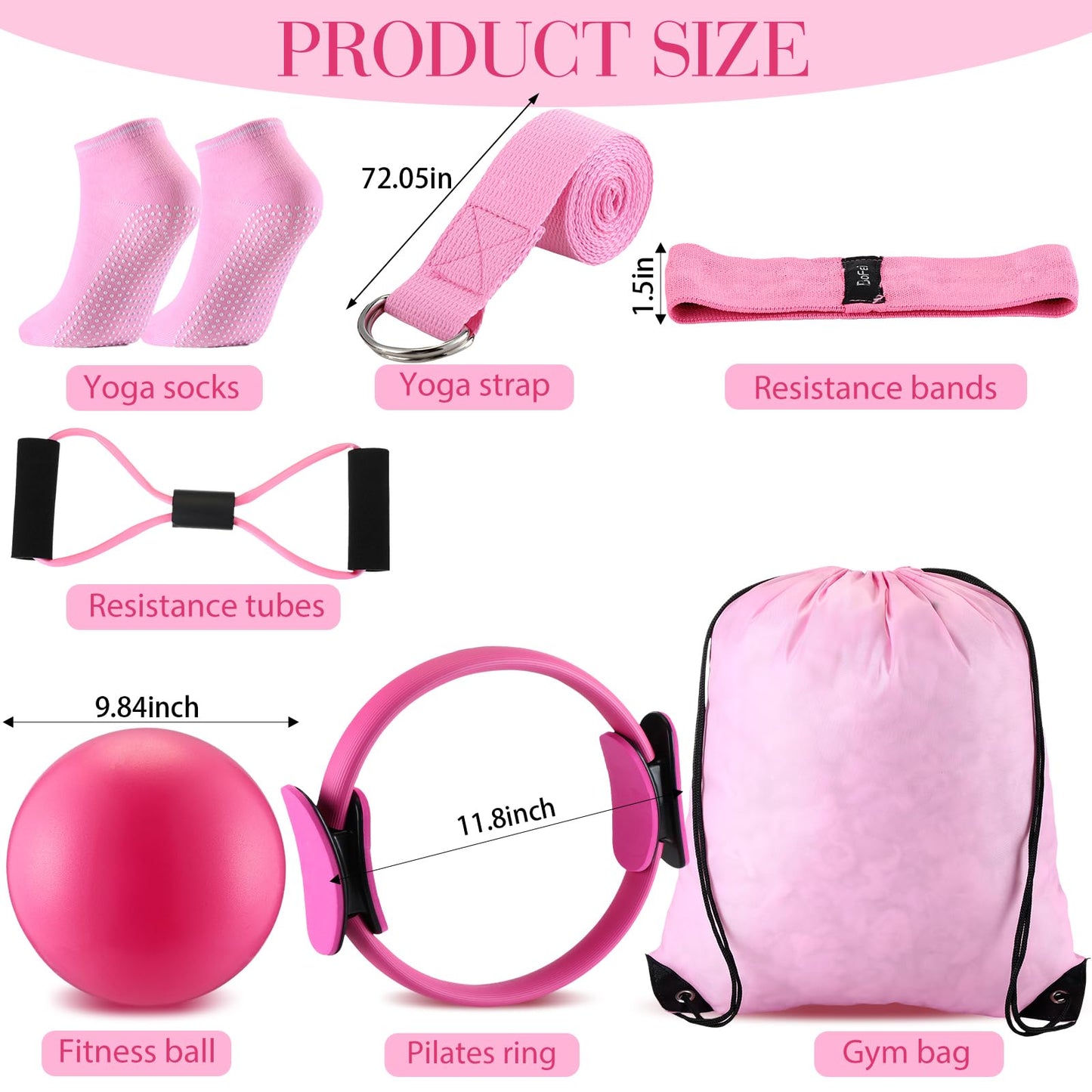 Poen 14 Pcs Pilates Equipment Kit for Home Workout Pilates Ring and Ball Set for Women 12'' Circle Yoga Fitness Essentials Kit with Resistance Bands, Yoga Strap, Socks,Bag (Purple,Pink)