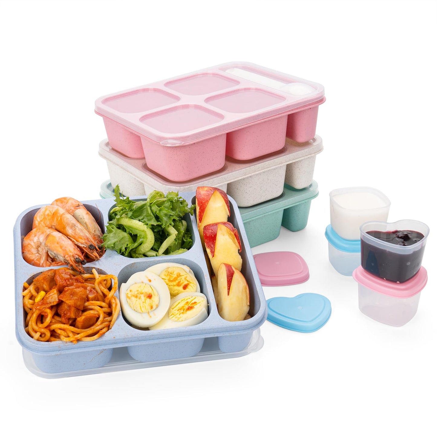 Bento Box Adult Lunch Box 5 Compartment Snack Containers for Kids, Reusable Food Storage Meal Prep Lunch Containers - Stackable BPA-Free Wheat Straw Bento Box for School, Work, Travel (4 Pack)