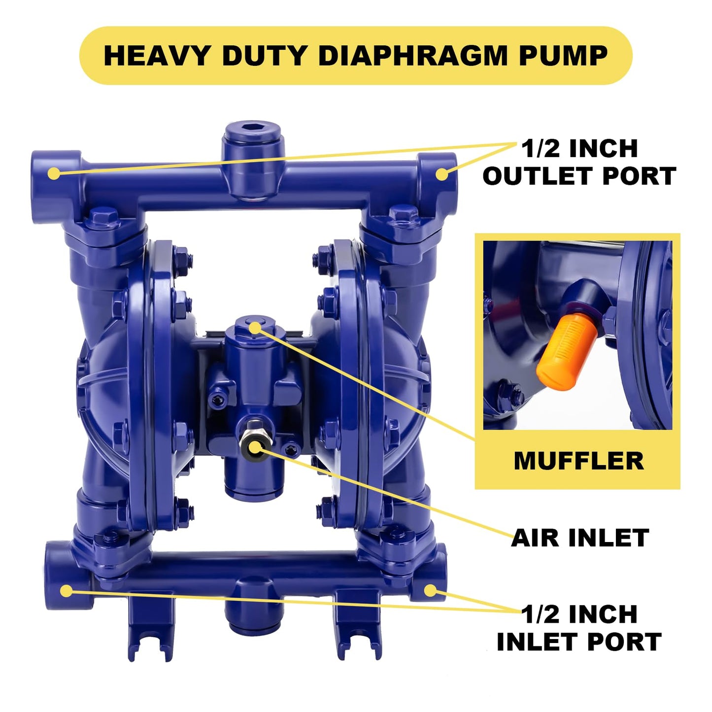 Heavy Duty Air-operated Double Diaphragm Pump Cast iron Double Diaphragm Transfer Pump 12GPM 115PSI 1/2" Inlet/Outlet For Diesel Kerosene Grease Oil