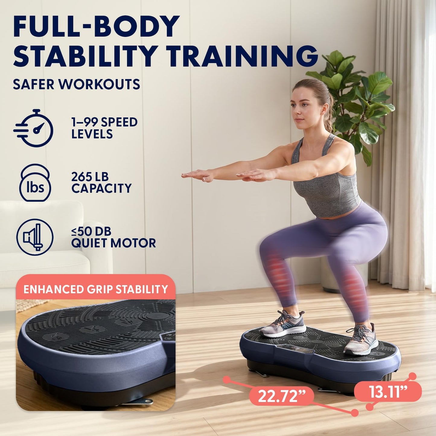 SQUATZ Vibration Plate Exercise Machine | Low-Impact Full Body Vibrator Plate with 99 Speed Levels & 9 Preset Programs | Resistance Bands & Remote Included | 265 lb Capacity | For Home & Office | Blue