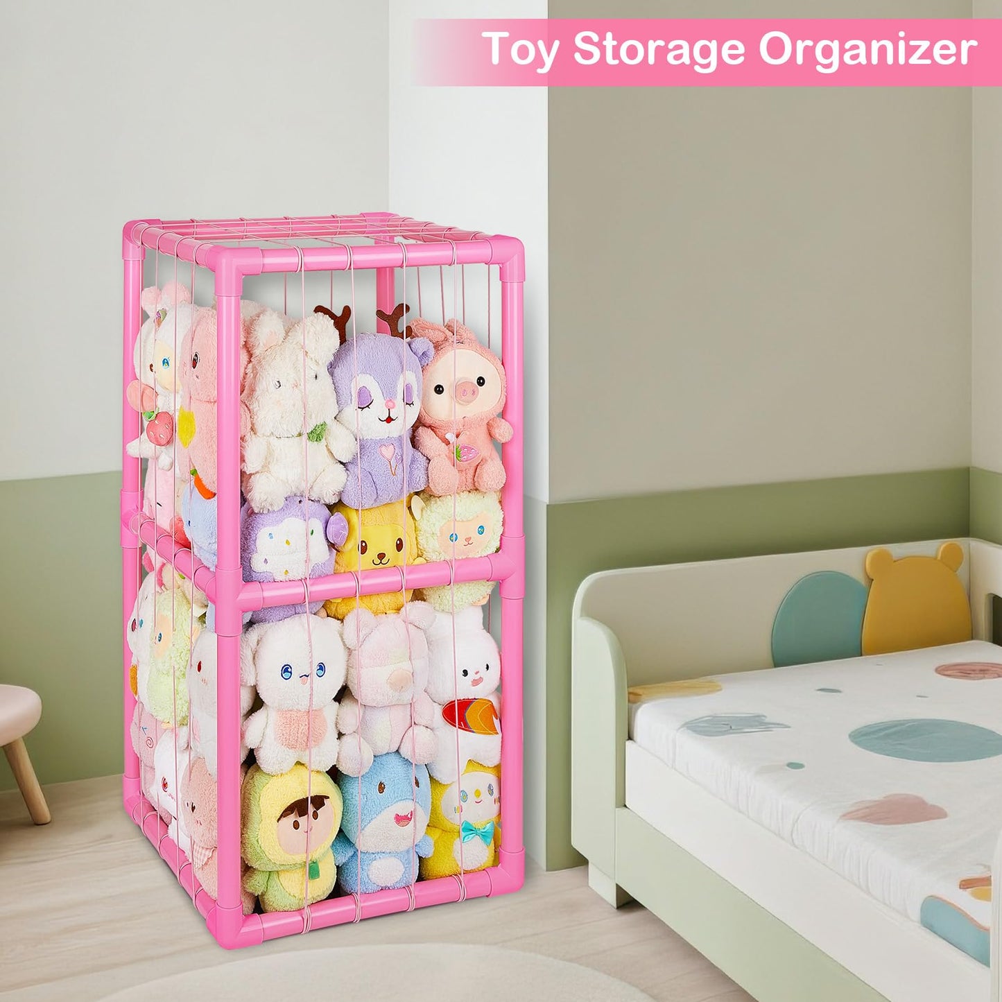 Unicorn Castle Stuffed Animals Storage Organizer with Thicken PVC Tubes Elastic Band Space Save Vertical Plushies Storage Stuffed Animals Zoo Cage for Kids,Pink