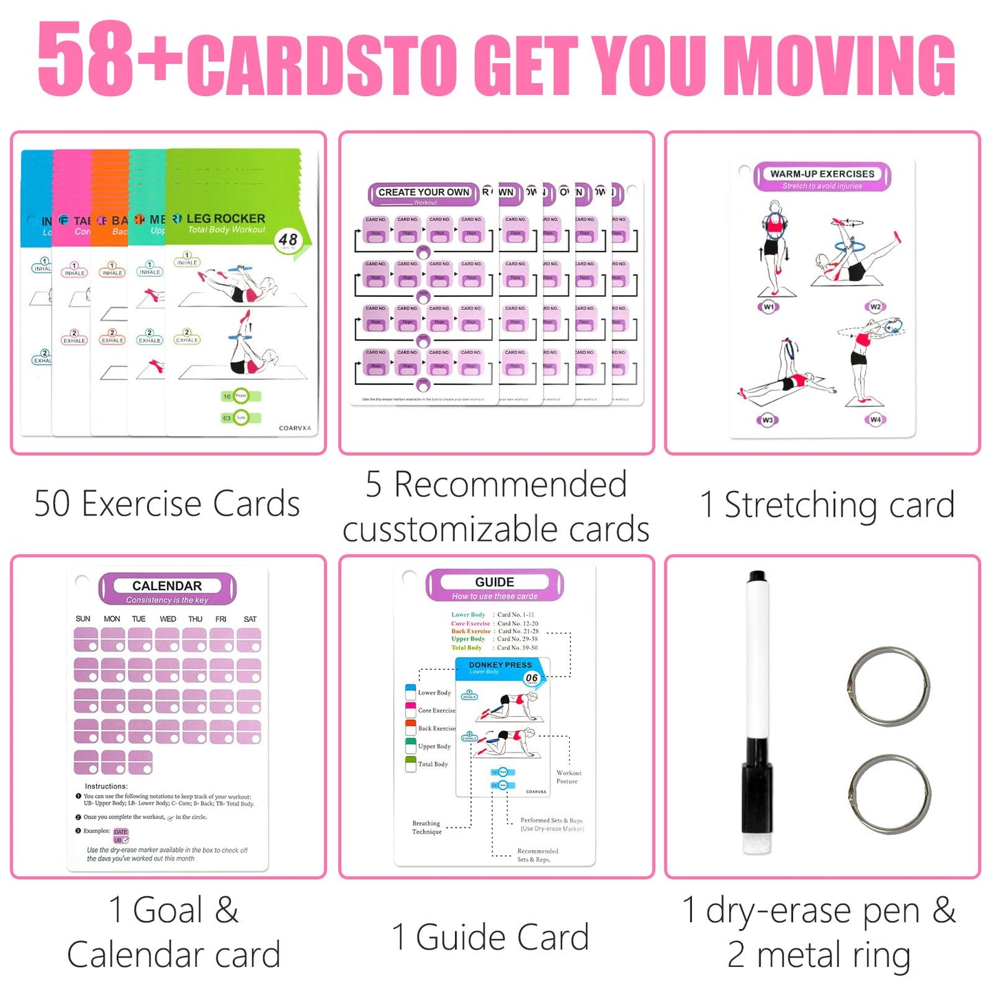 COARVXA Pilates Ring Workouts for Women-58 Exercise Cards with Pilates Mat Workout Postures，ncludes 4-Week Challenge,2 Rings& Dry-Erase for Easy Organization-Home, Gym or Studio