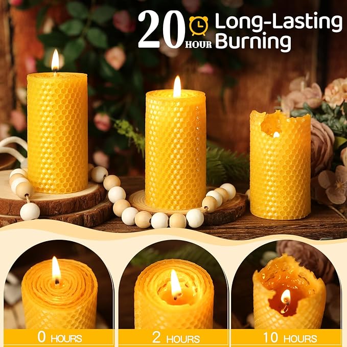 Handmade-Rolled Beeswax Candles,2x4in-9 pcs All Natural Honeycomb Beeswax Pillar Candles,180 Hours Long Burning Bees Wax Candles for Home
